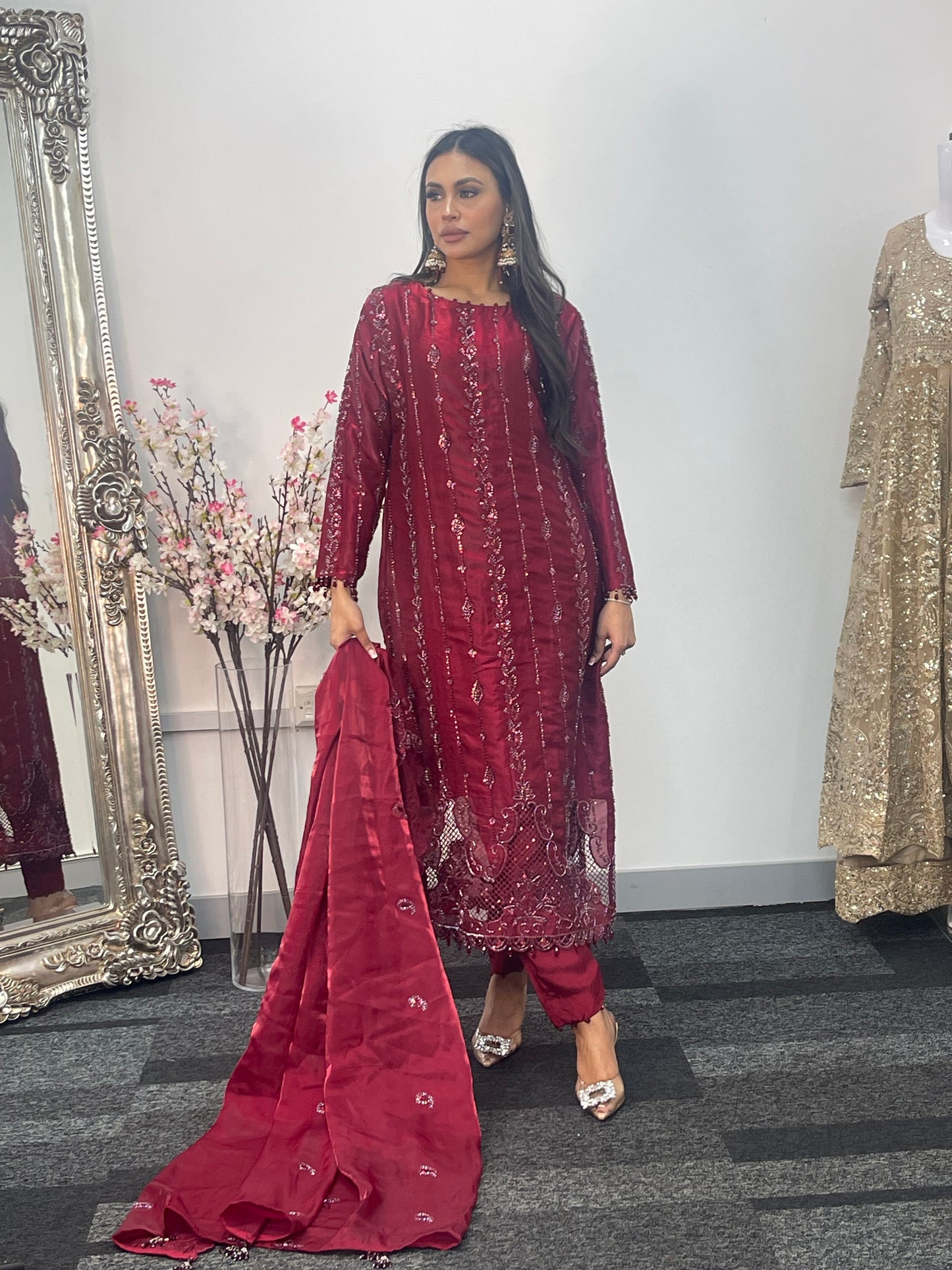 Tara - Korean Silk Cut Dana - Party Wear - CutWork - Maroon - taara