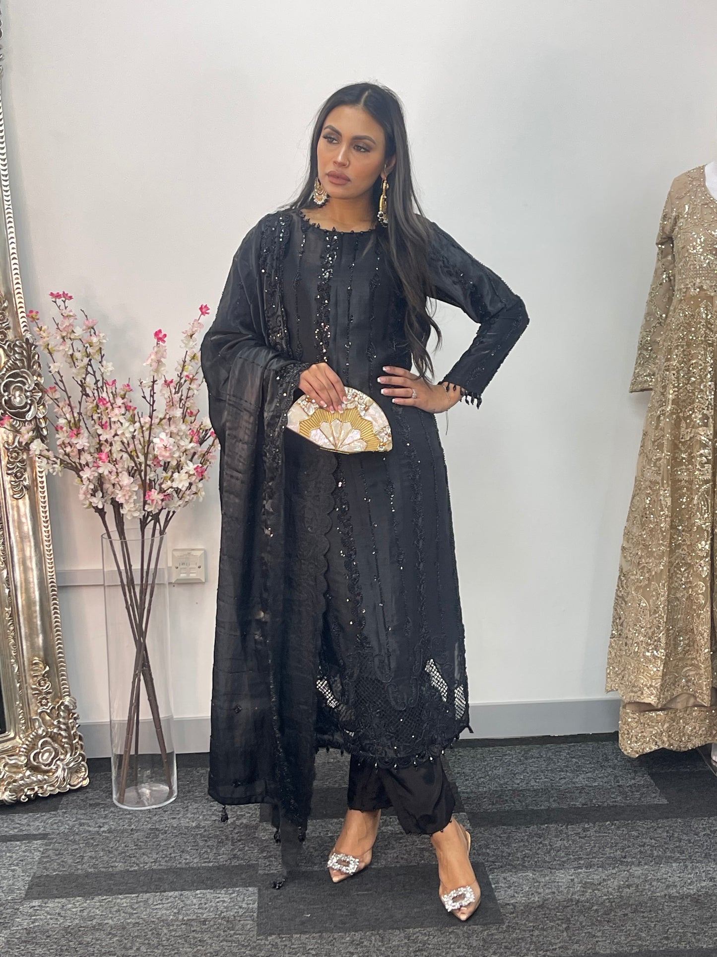 Tara - Korean Silk Cut Dana - Party Wear - CutWork - Black - taara