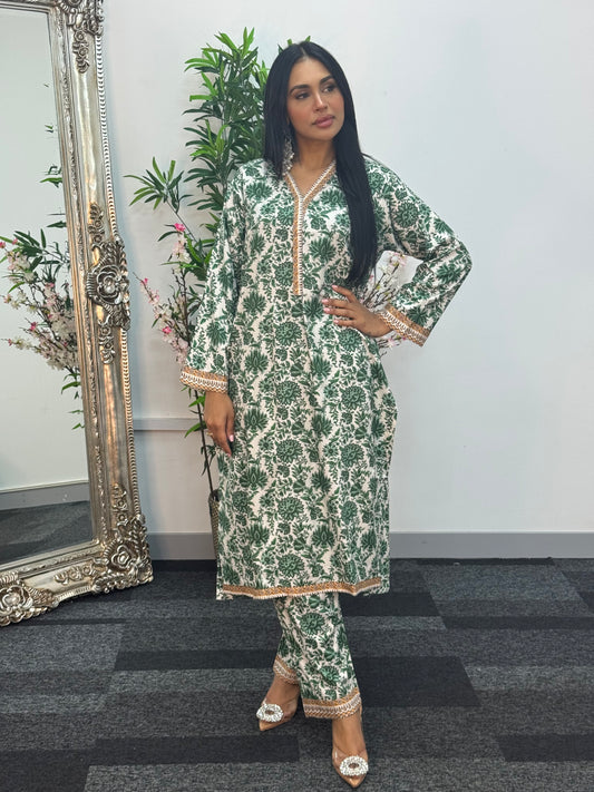 Daily Wear - 2 PC Printed Linen - Green