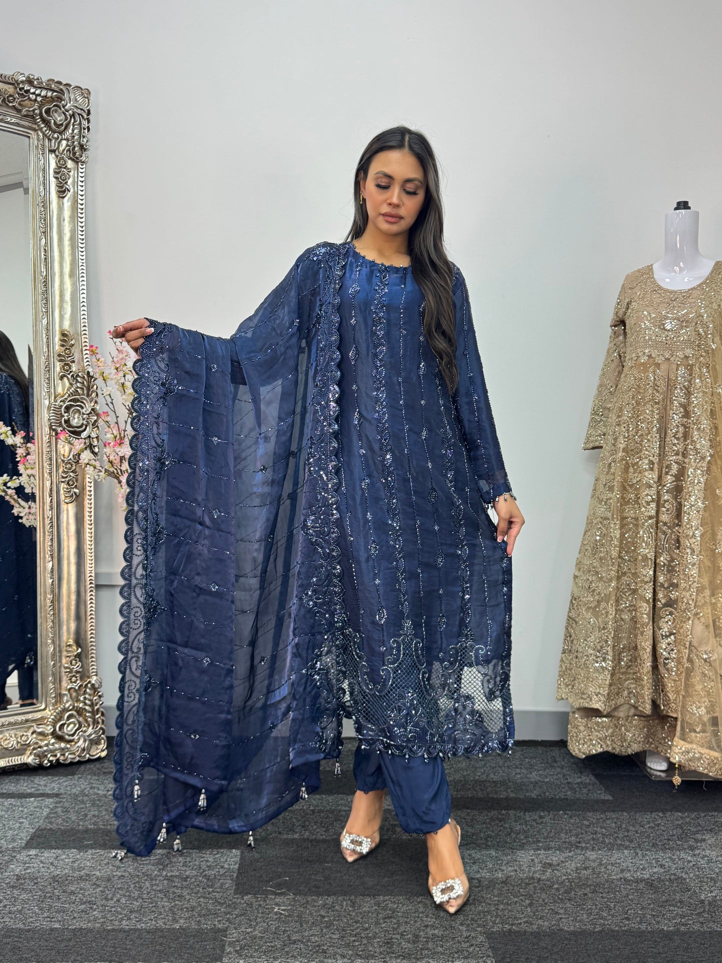Tara - Korean Silk Cut Dana - Party Wear - CutWork - Navy Blue - taara