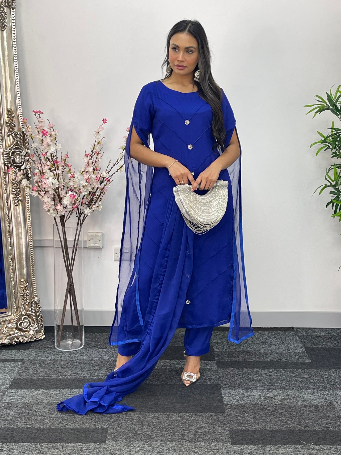 Blue - Floor Length Sleeves - Chiffon Outfit - T