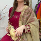 (Pre Order 3/4 Weeks) “GUL BANO” - Hand Painted Dupatta with Hand Work -Anarkali - Maroon Gold - Noor