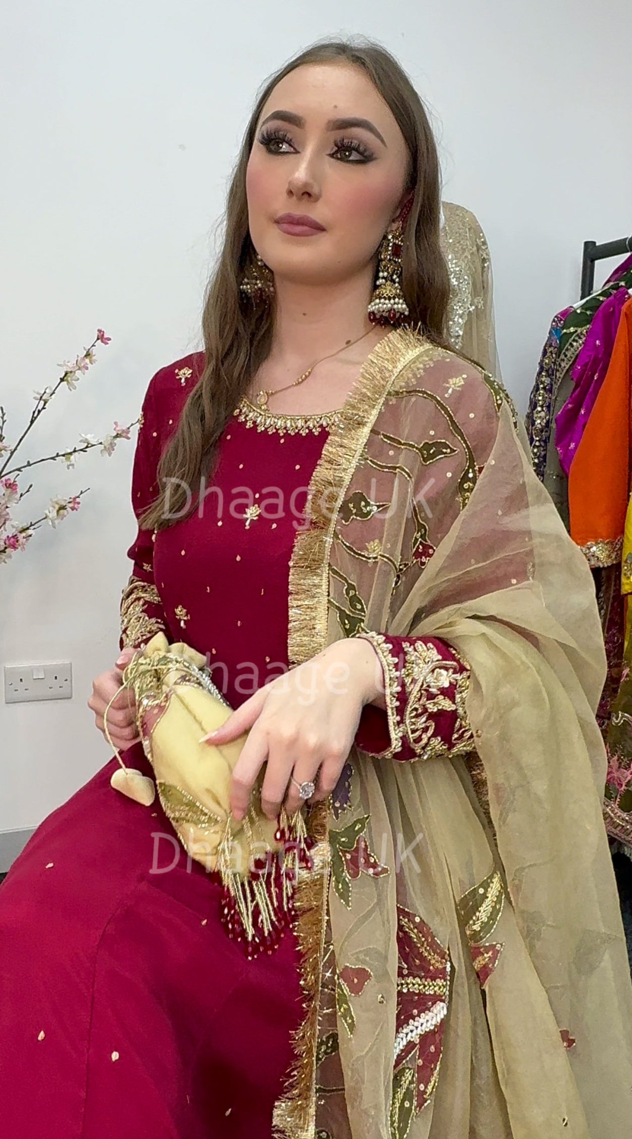 (Pre Order 3/4 Weeks) “GUL BANO” - Hand Painted Dupatta with Hand Work -Anarkali - Maroon Gold - Noor