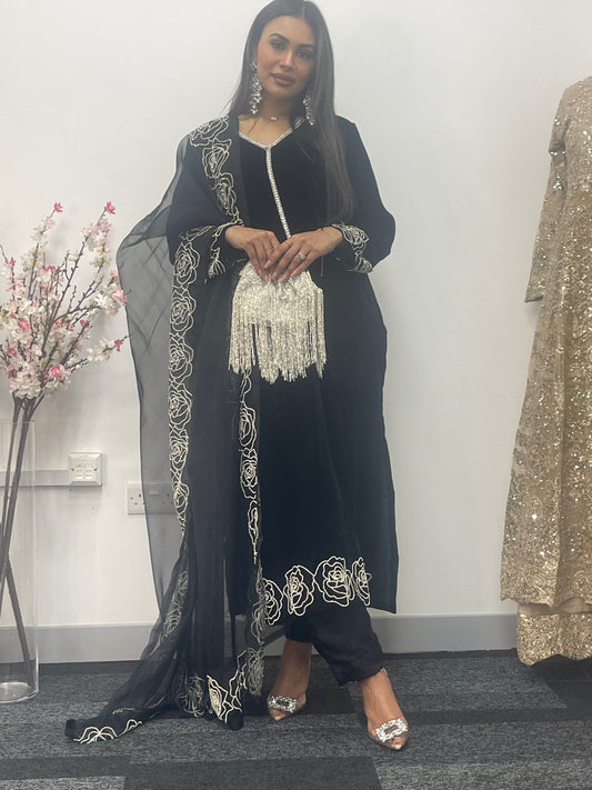 Chand Tara - Black Velvet with Organza dupatta