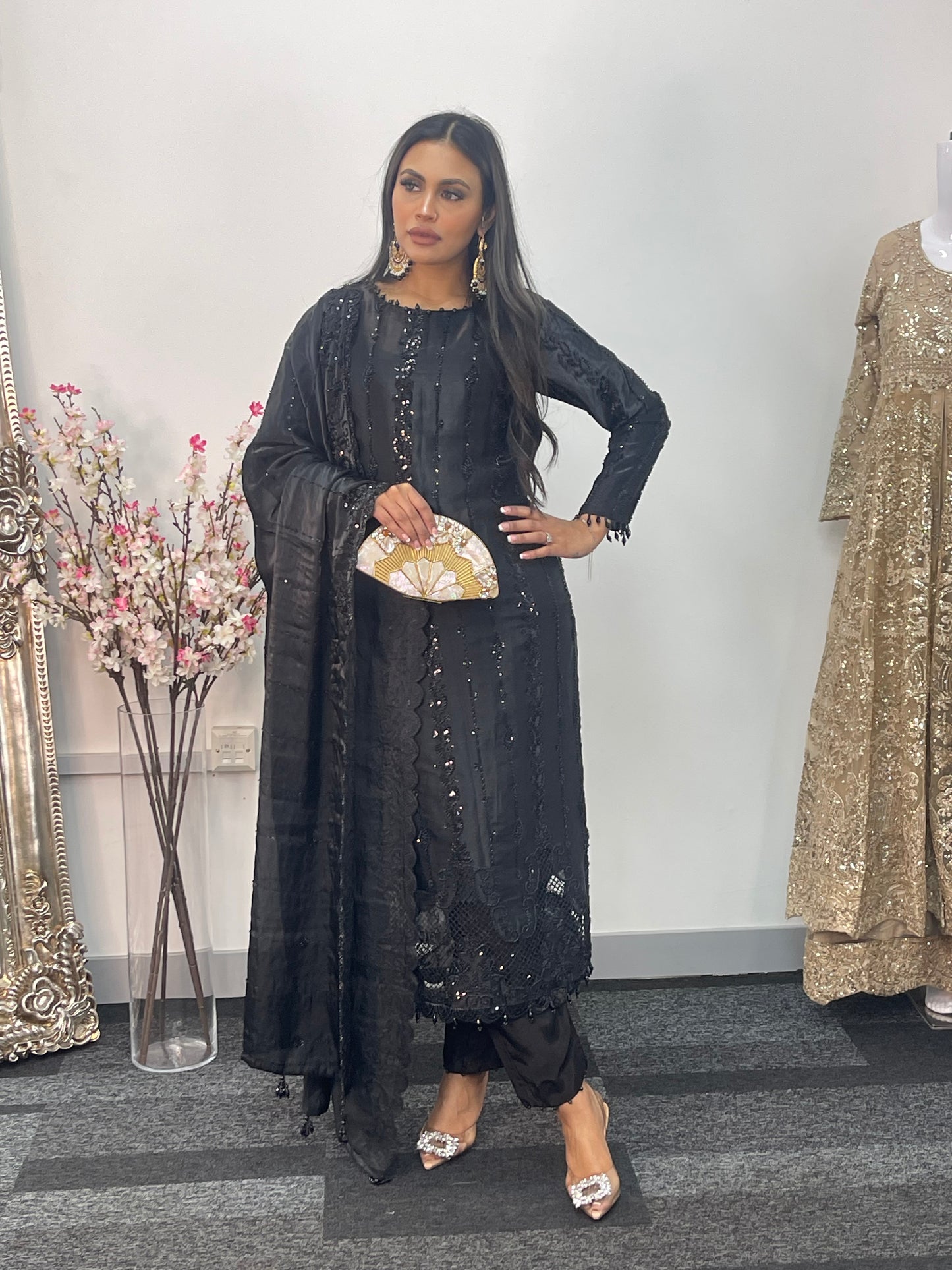 Tara - Korean Silk Cut Dana - Party Wear - CutWork - Black - taara