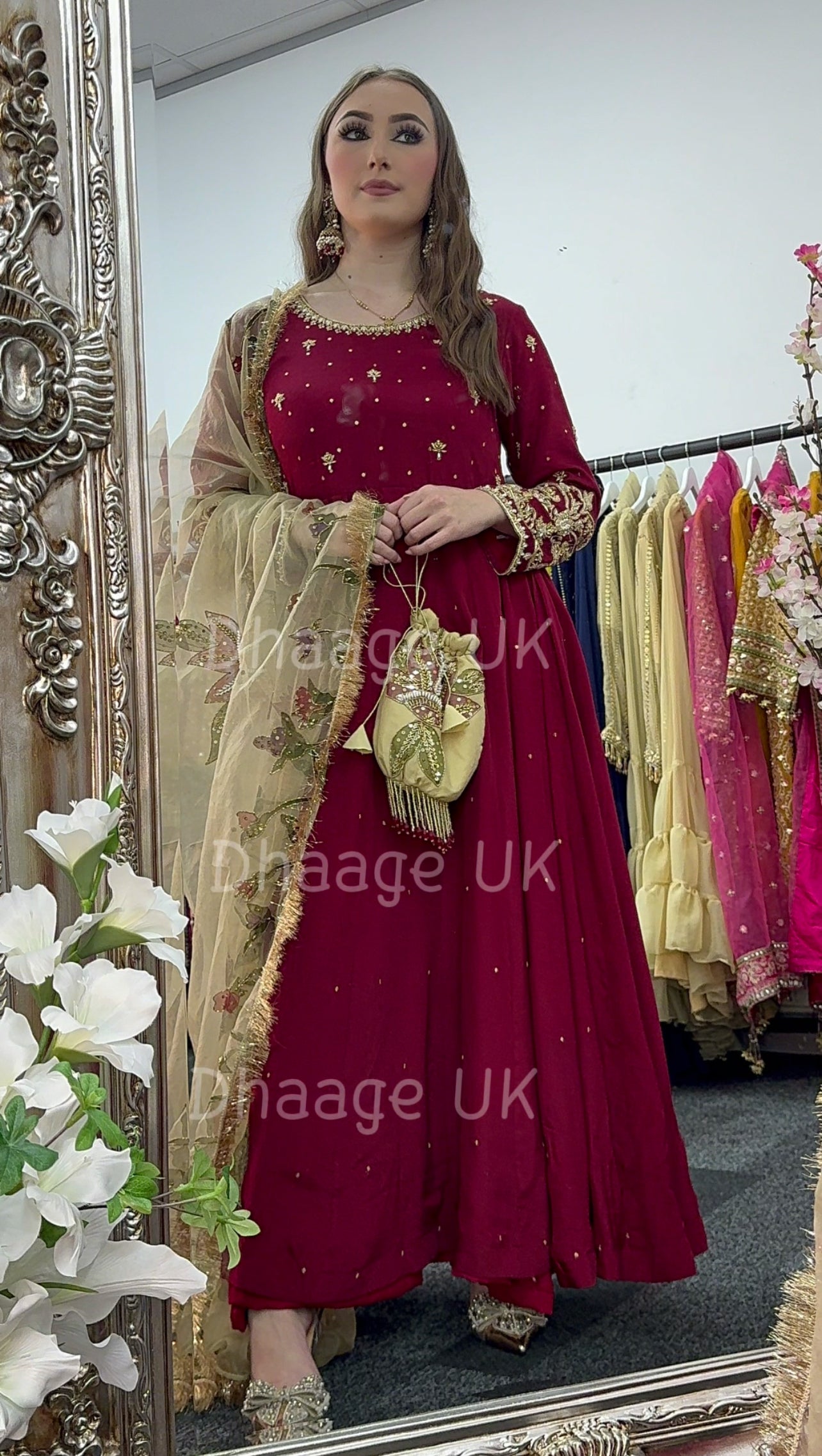 (Pre Order 3/4 Weeks) “GUL BANO” - Hand Painted Dupatta with Hand Work -Anarkali - Maroon Gold - Noor