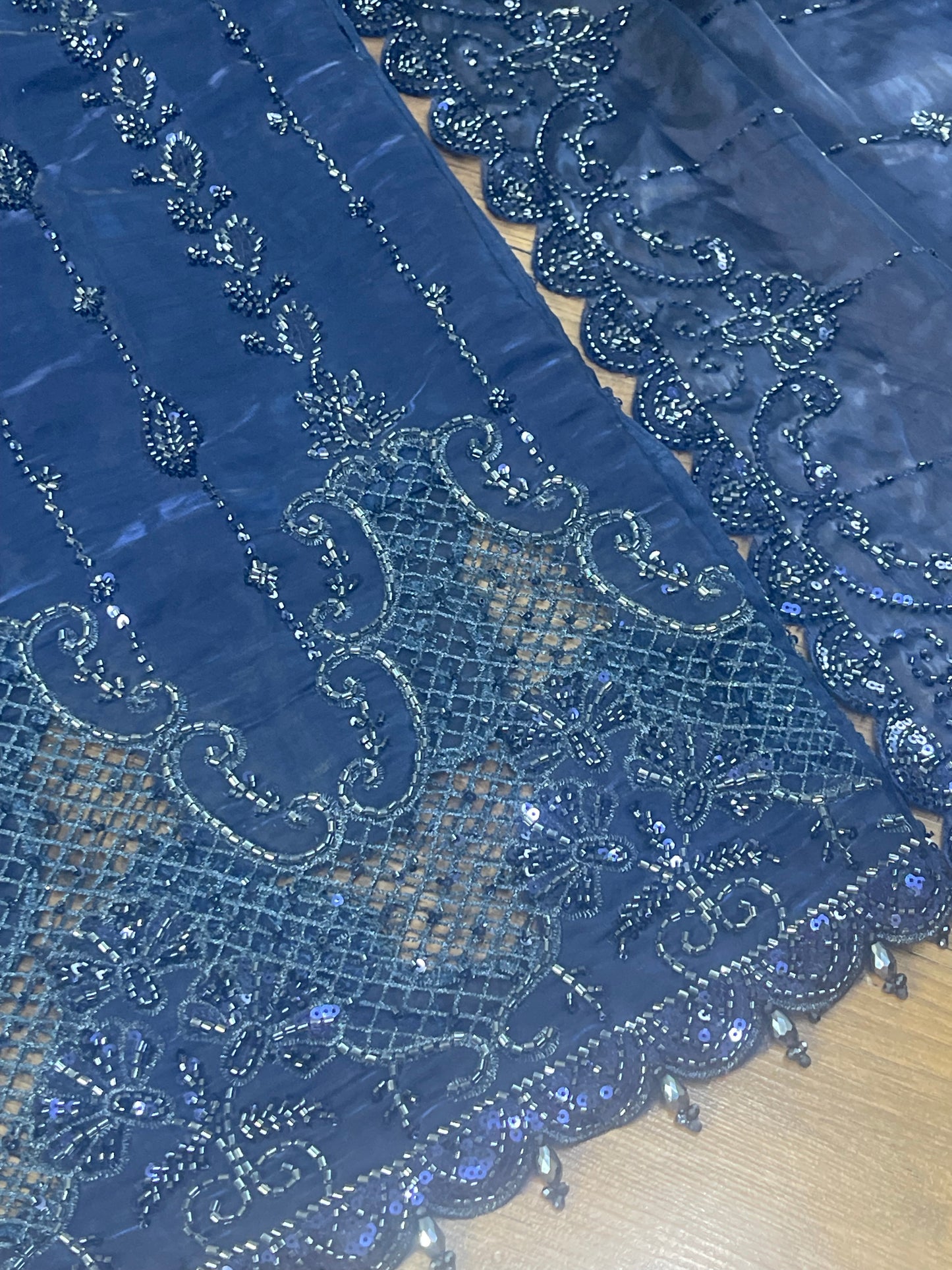 Tara - Korean Silk Cut Dana - Party Wear - CutWork - Navy Blue - taara