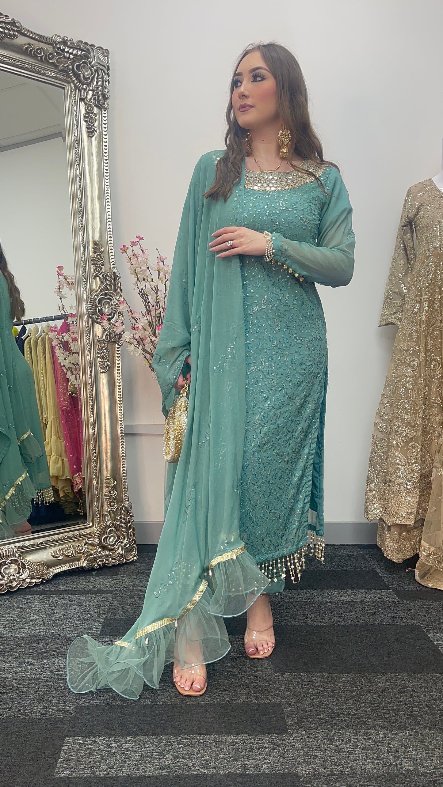 Chamkeeli -  Hand Work - Chiffon Party Wear - Egg Duck Blue