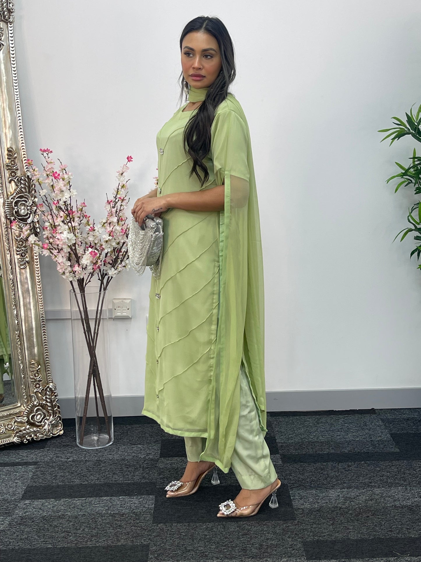 Green - Floor Length Sleeves - Chiffon Outfit - T