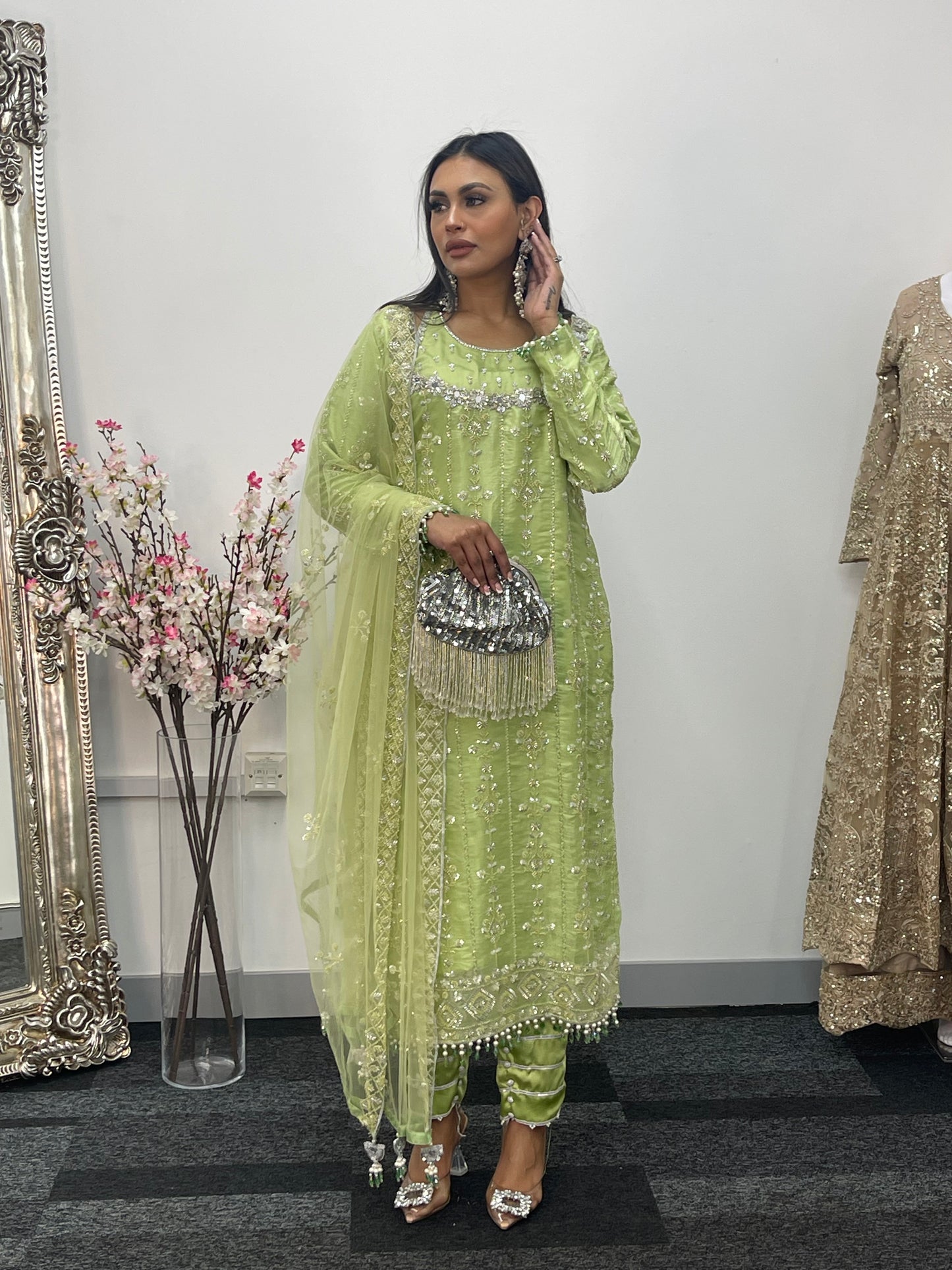 Ronaq- Korean Silk Cut Dana - Party Wear - Mint Green