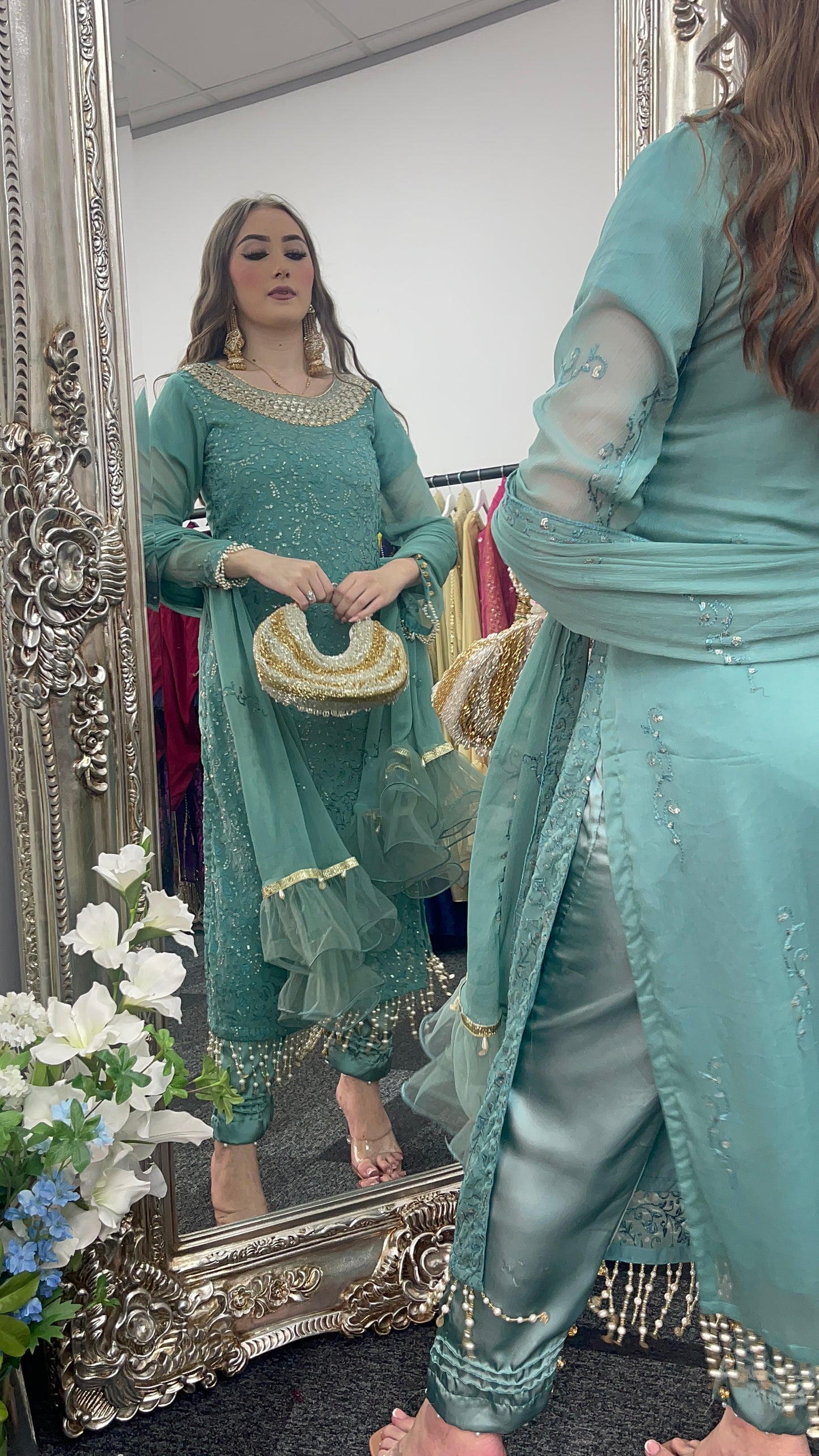 Chamkeeli -  Hand Work - Chiffon Party Wear - Egg Duck Blue