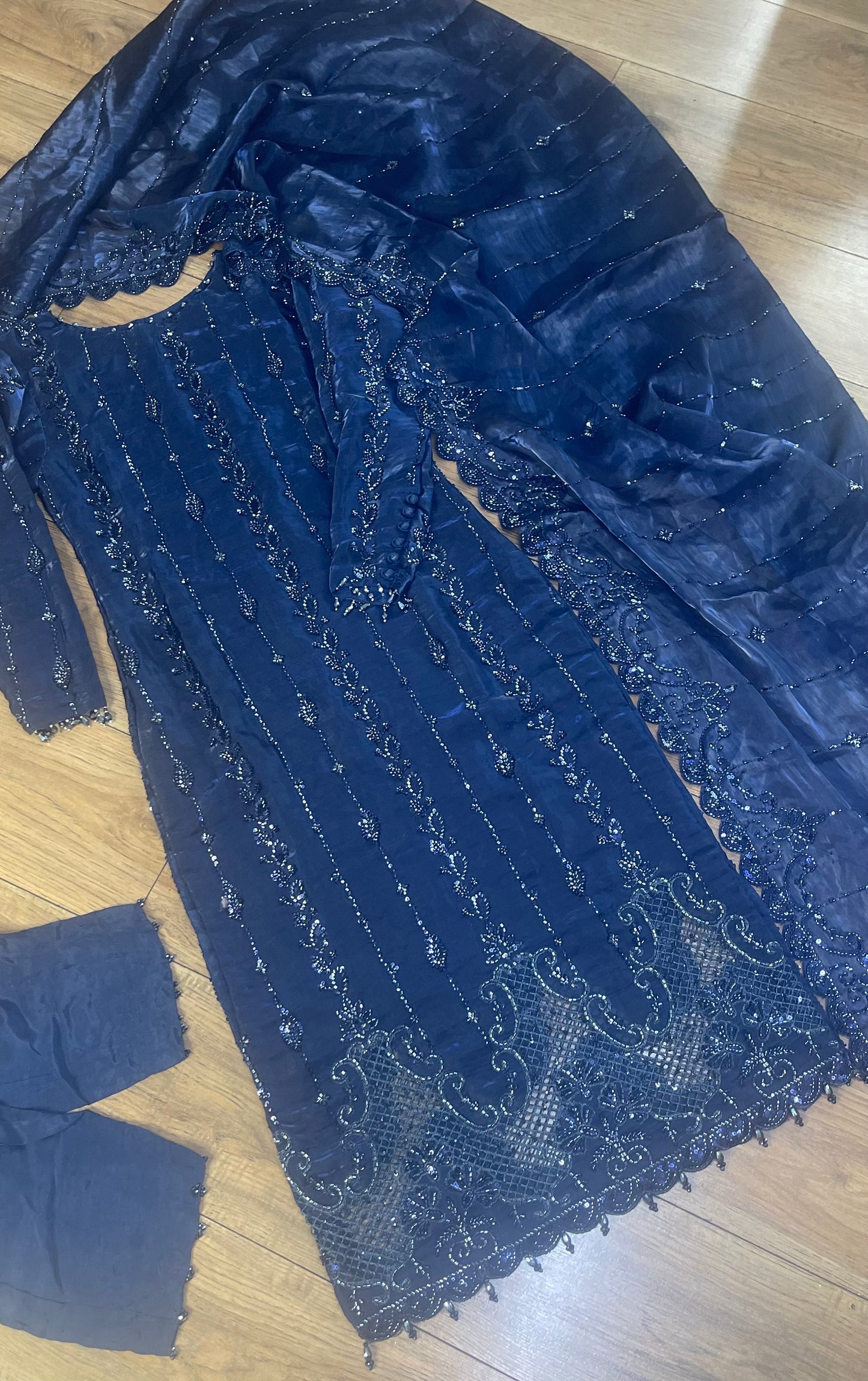 Tara - Korean Silk Cut Dana - Party Wear - CutWork - Navy Blue - taara