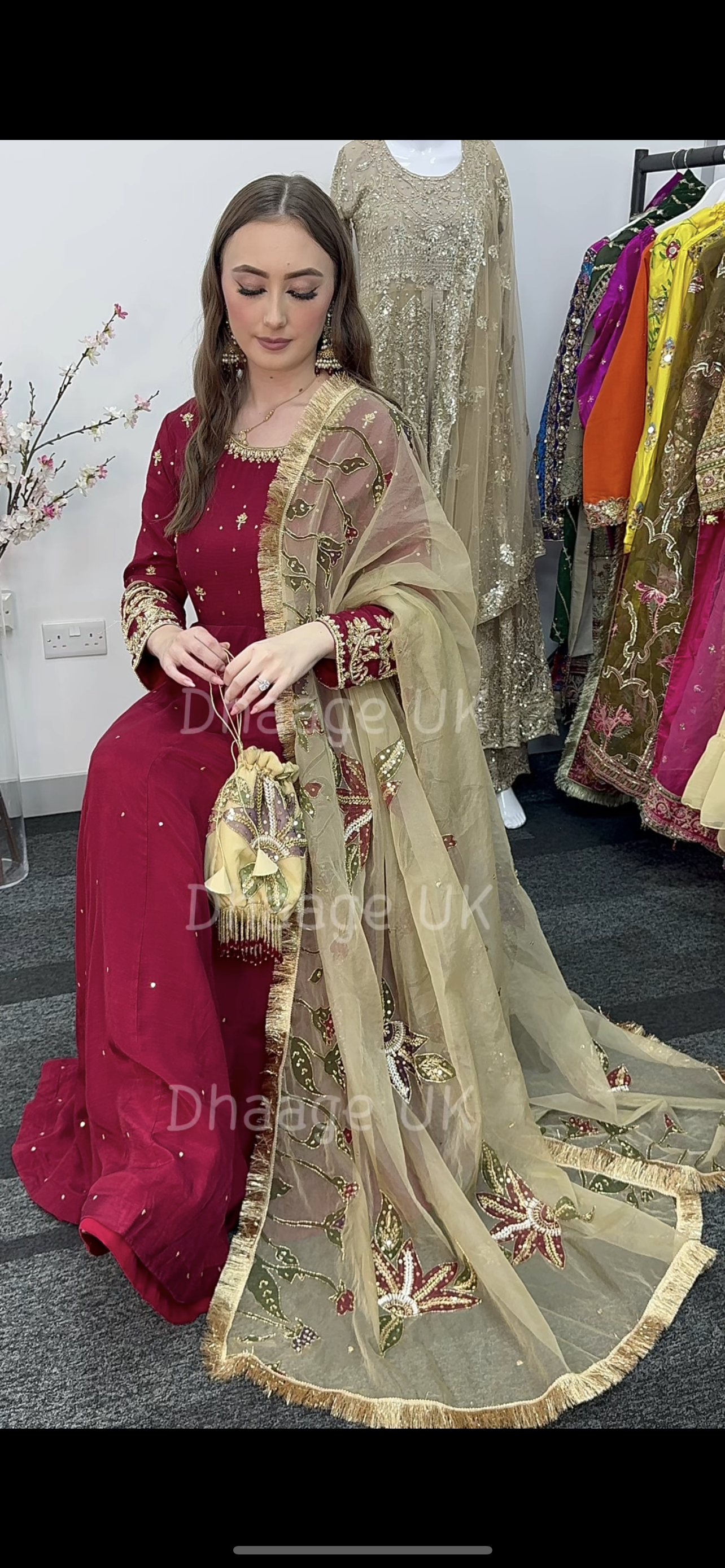 (Pre Order 3/4 Weeks) “GUL BANO” - Hand Painted Dupatta with Hand Work -Anarkali - Maroon Gold - Noor