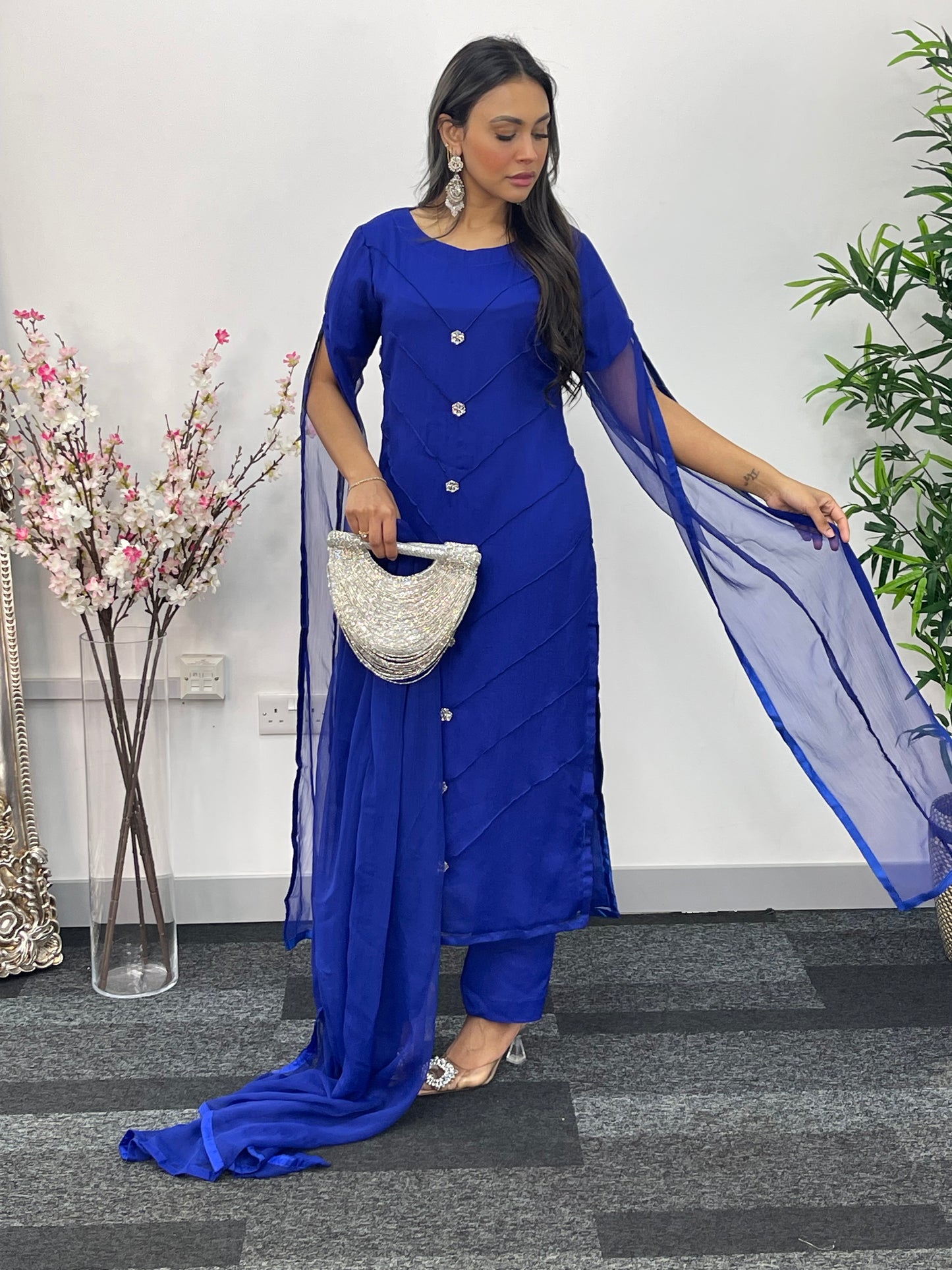 Blue - Floor Length Sleeves - Chiffon Outfit - T