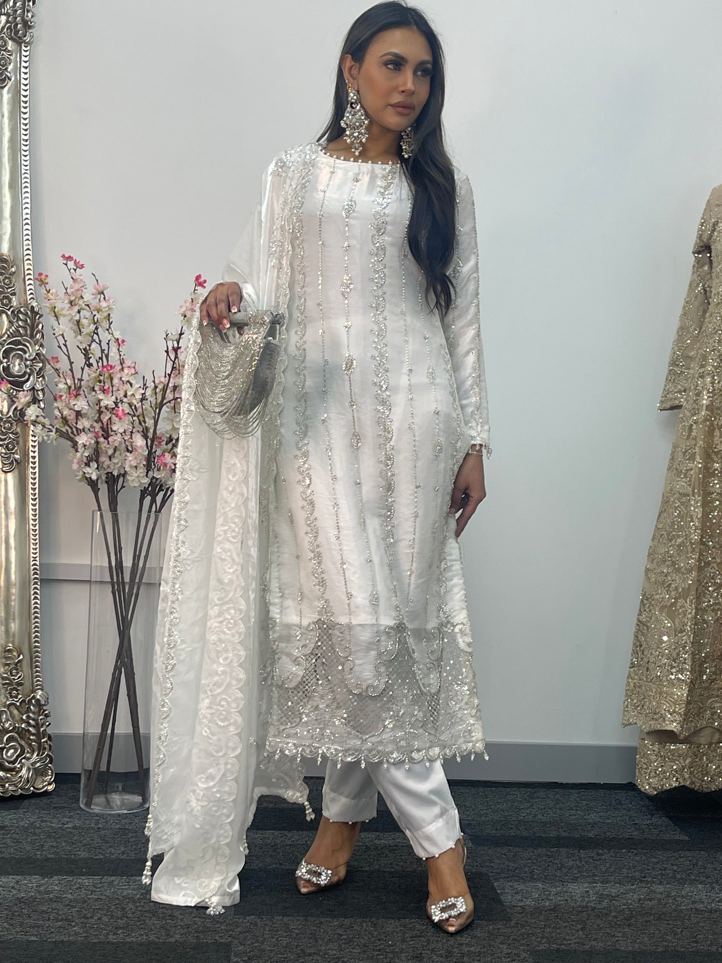 Tara - Korean Silk Cut Dana - Party Wear - CutWork - White - taara -