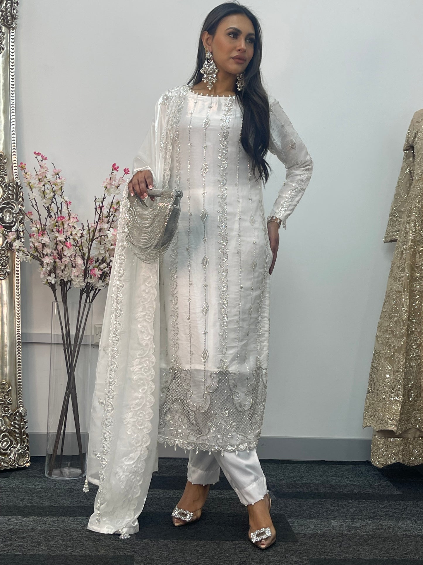 Tara - Korean Silk Cut Dana - Party Wear - CutWork - White - taara -