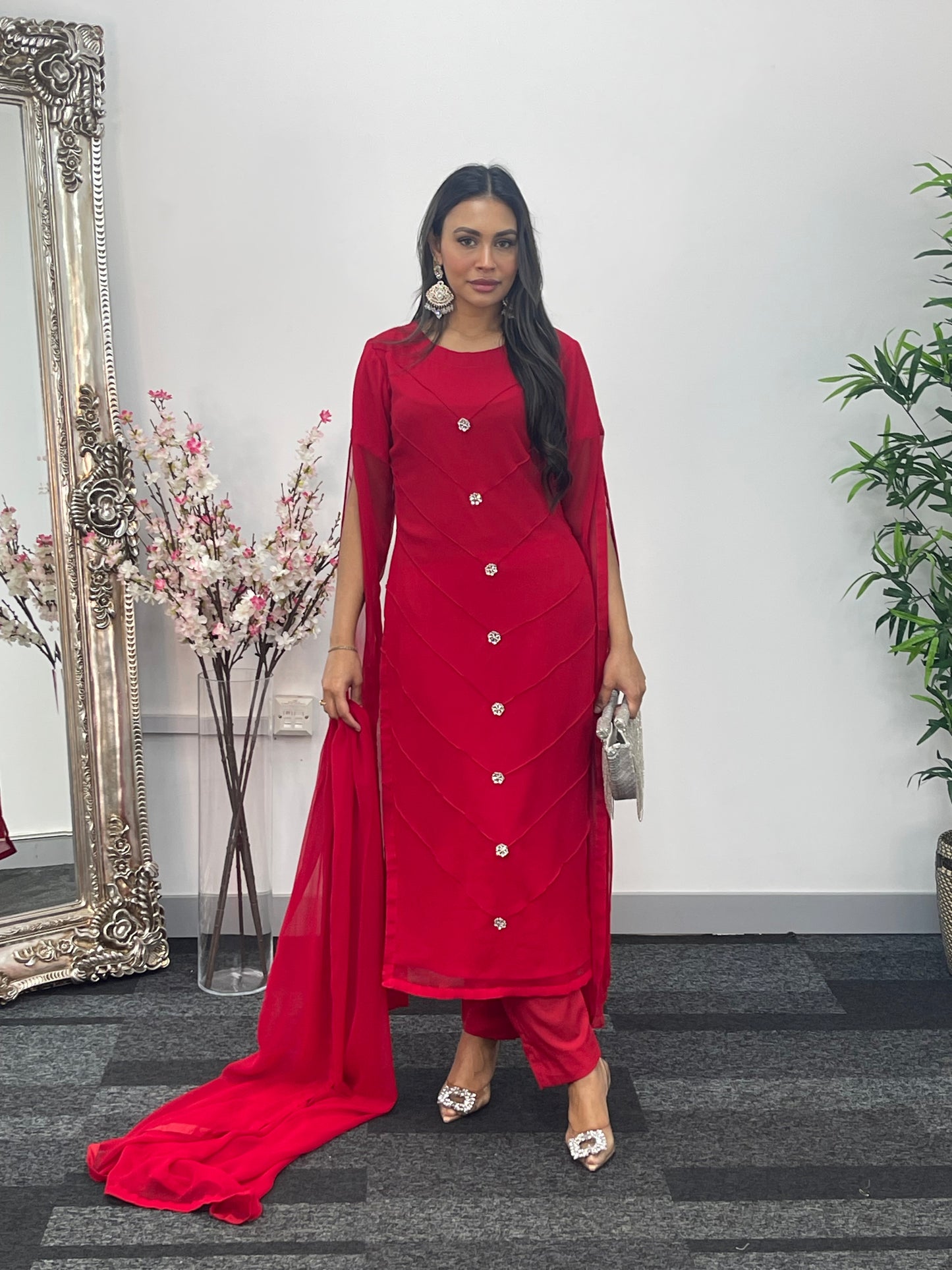 Red - Floor Length Sleeves - Chiffon Outfit - T