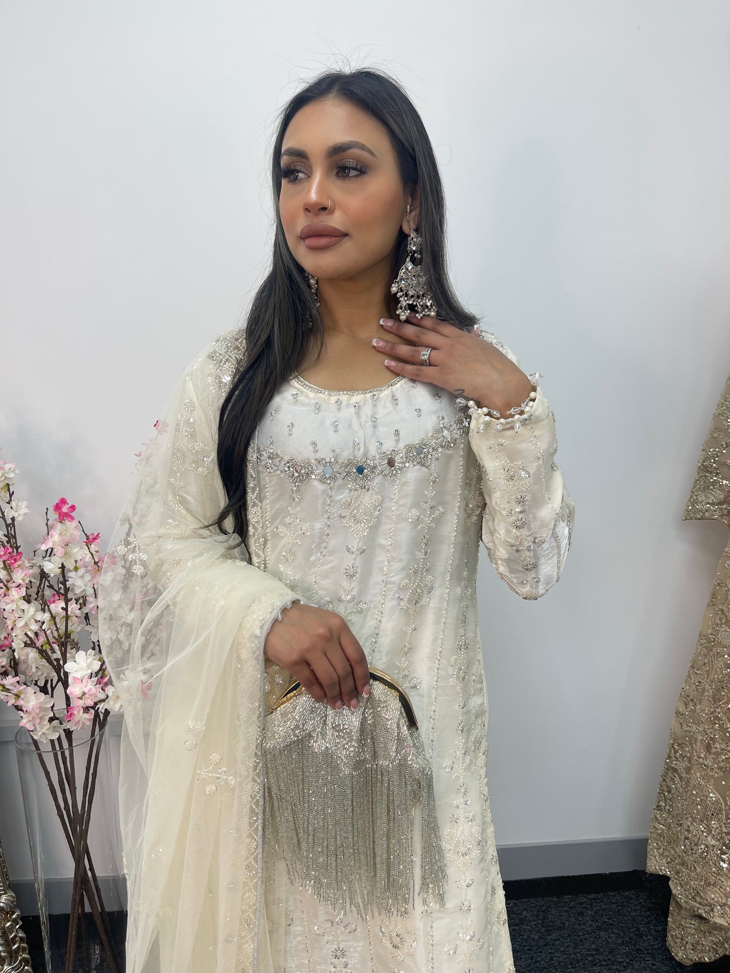 Ronaq- Korean Silk Cut Dana - Party Wear - White - Ivory -