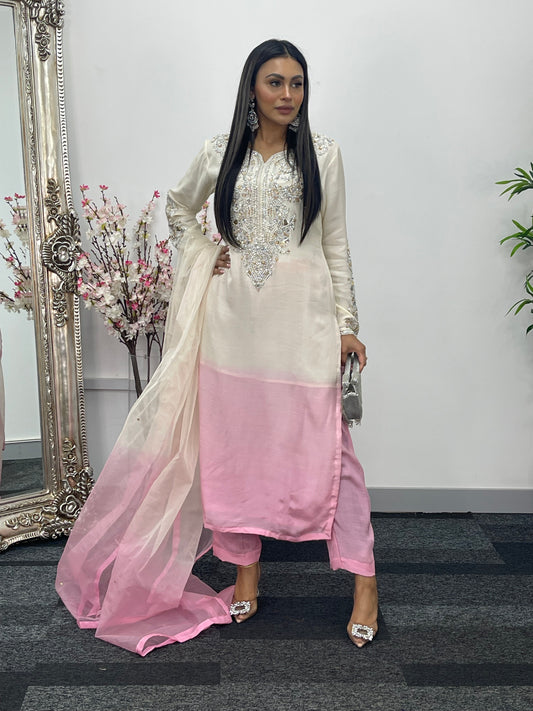 “Gulaabi” Luxury Outfit - Ombre Pink & Ivory