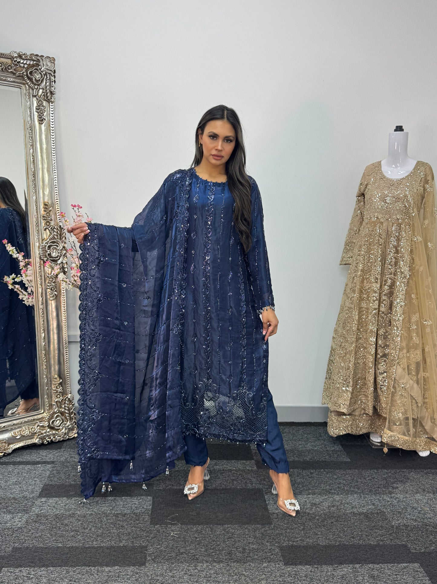 Tara - Korean Silk Cut Dana - Party Wear - CutWork - Navy Blue - taara