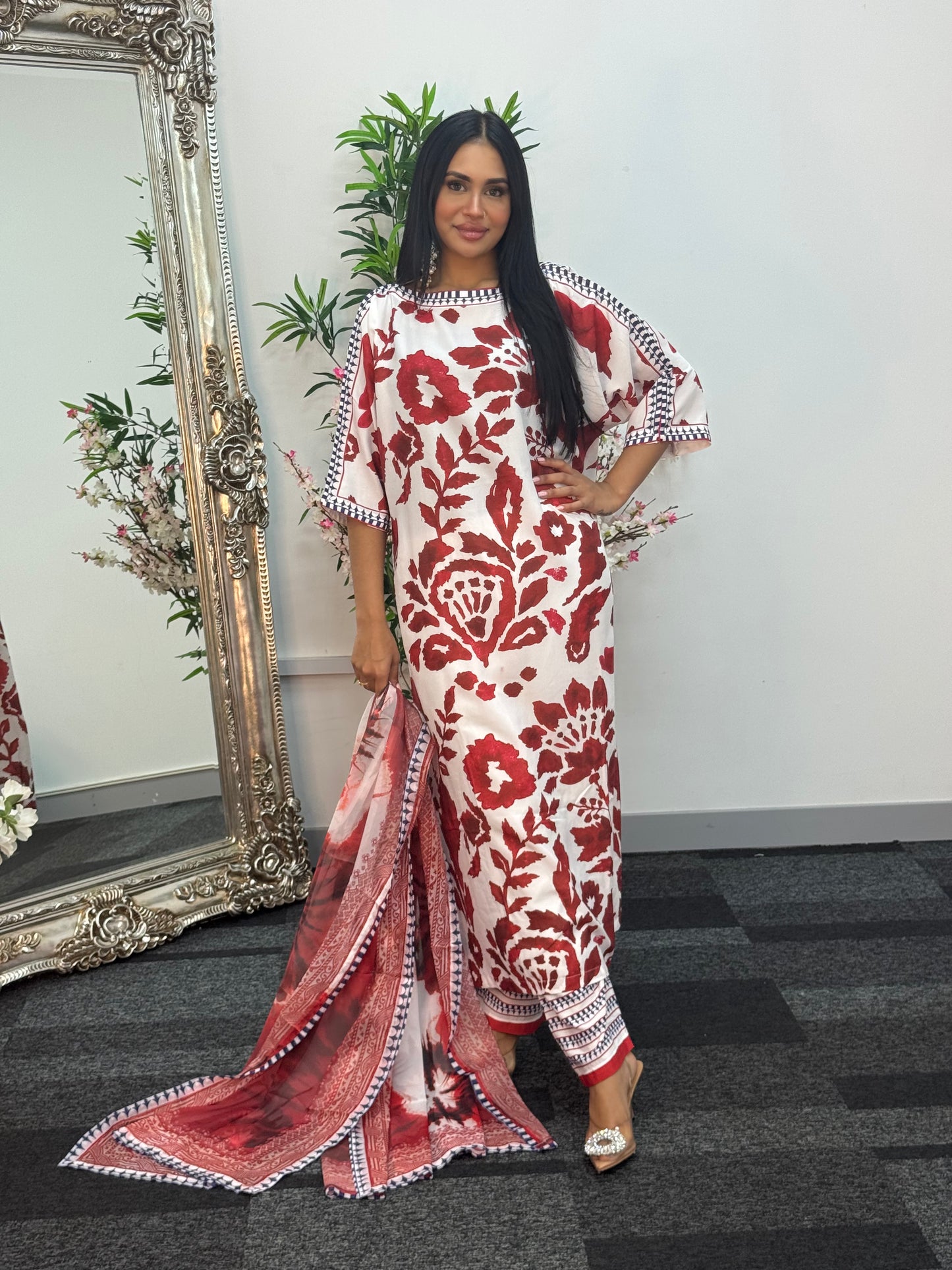 Swiss silk printed kaftan style dress - Red Kaftaan - 3pc