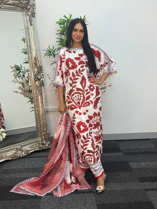 Swiss silk printed kaftan style dress - Red Kaftaan - 3pc