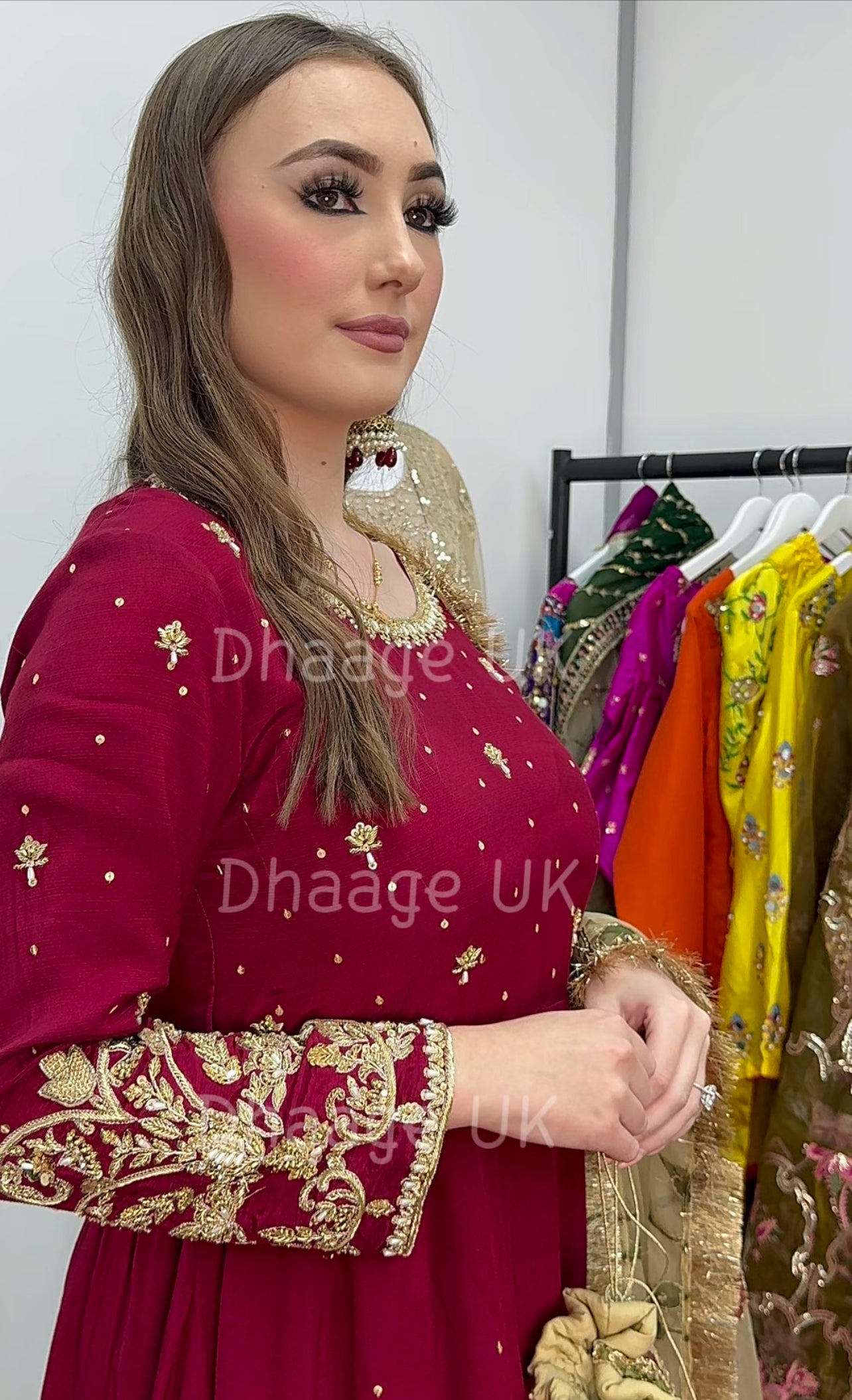 (Pre Order 3/4 Weeks) “GUL BANO” - Hand Painted Dupatta with Hand Work -Anarkali - Maroon Gold - Noor