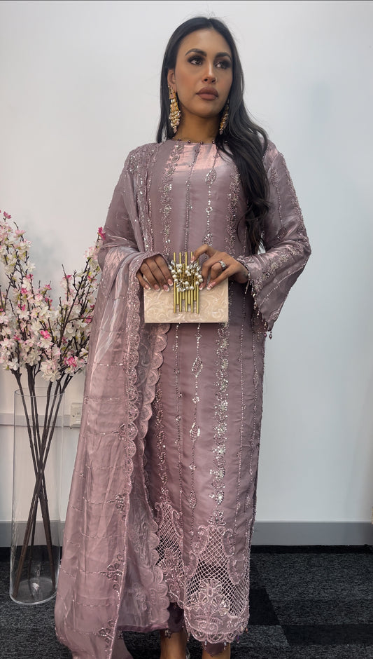 Tara - Korean Silk Cut Dana - Party Wear - CutWork - Pink - taara