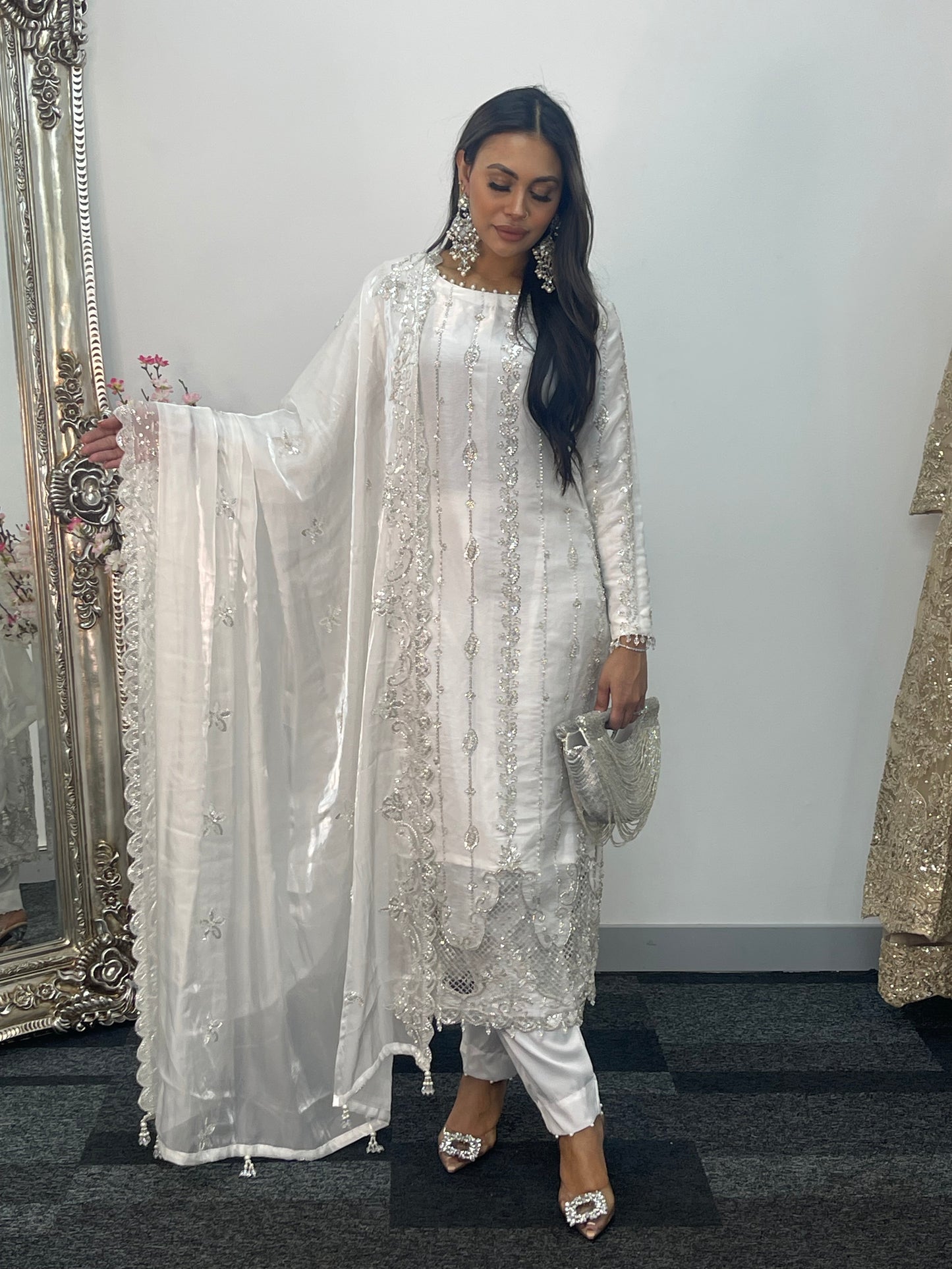 Tara - Korean Silk Cut Dana - Party Wear - CutWork - White - taara -