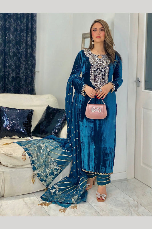 (Preorder 4weeks) Peacock - Teal Velvet Pret - Wedding Party Wear -