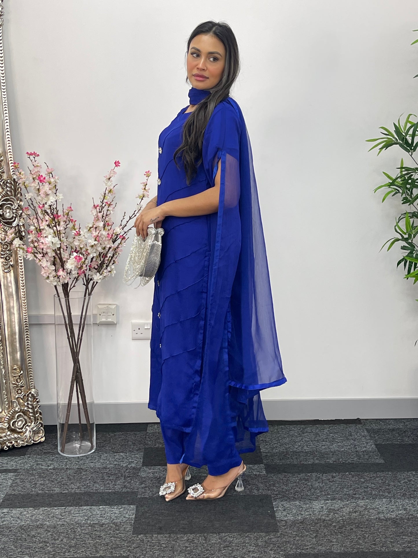 Blue - Floor Length Sleeves - Chiffon Outfit - T