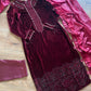 Wine - Sheesha X Velvet Maroon  Plachi Daman with silk dupatta winter