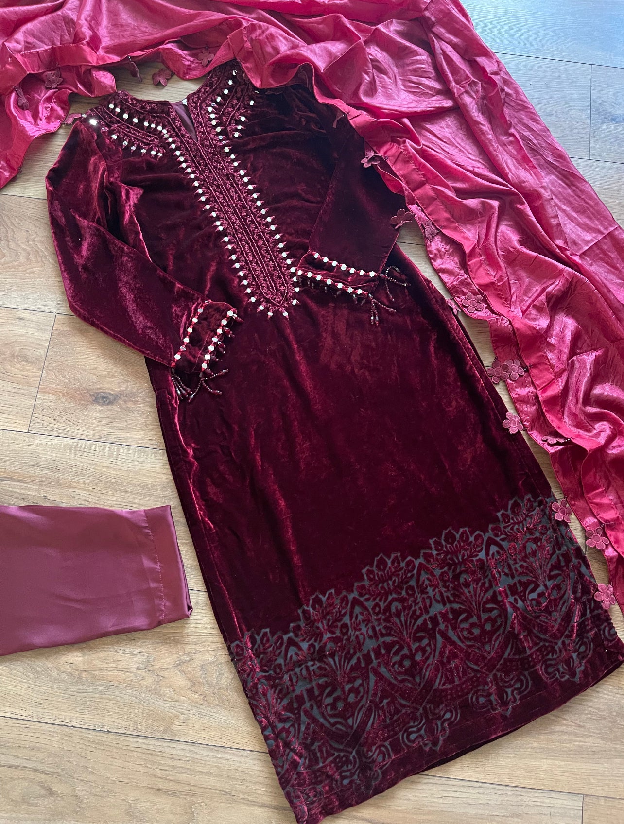 Wine - Sheesha X Velvet Maroon  Plachi Daman with silk dupatta winter