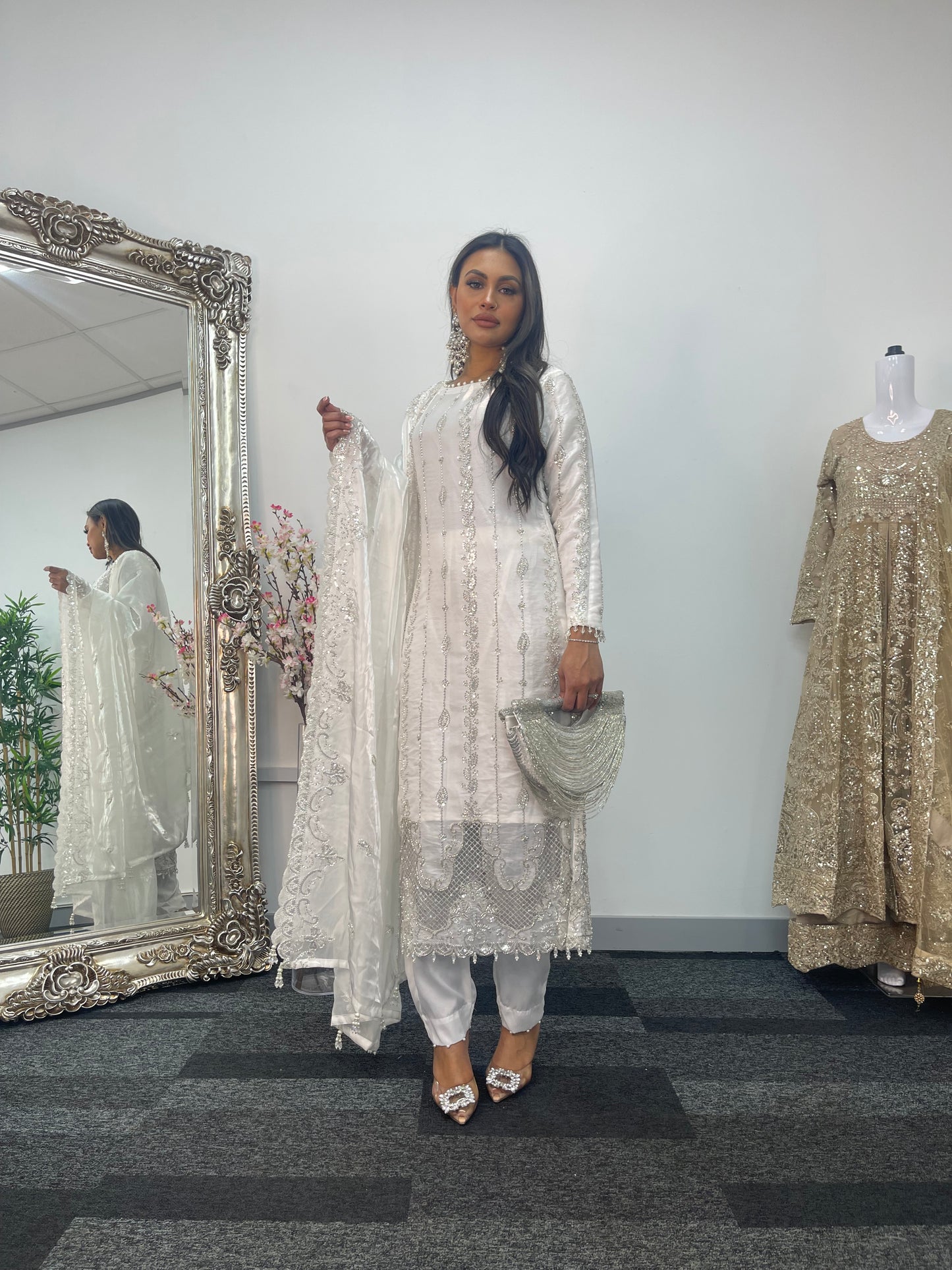 Tara - Korean Silk Cut Dana - Party Wear - CutWork - White - taara -