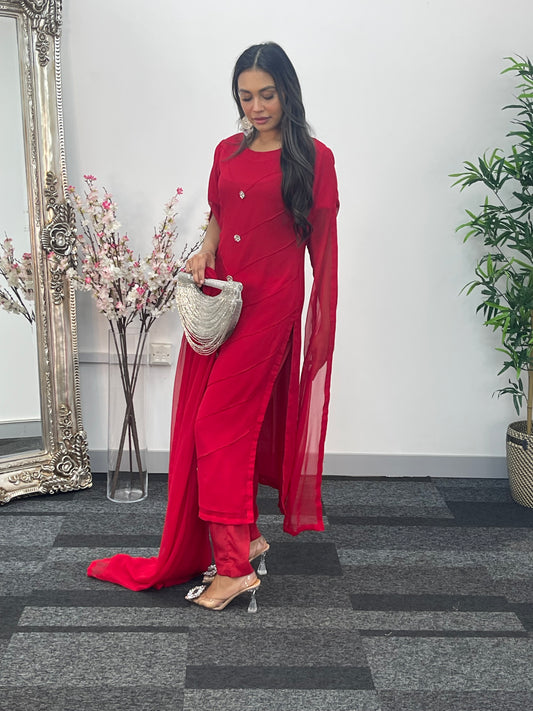 Red - Floor Length Sleeves - Chiffon Outfit - T