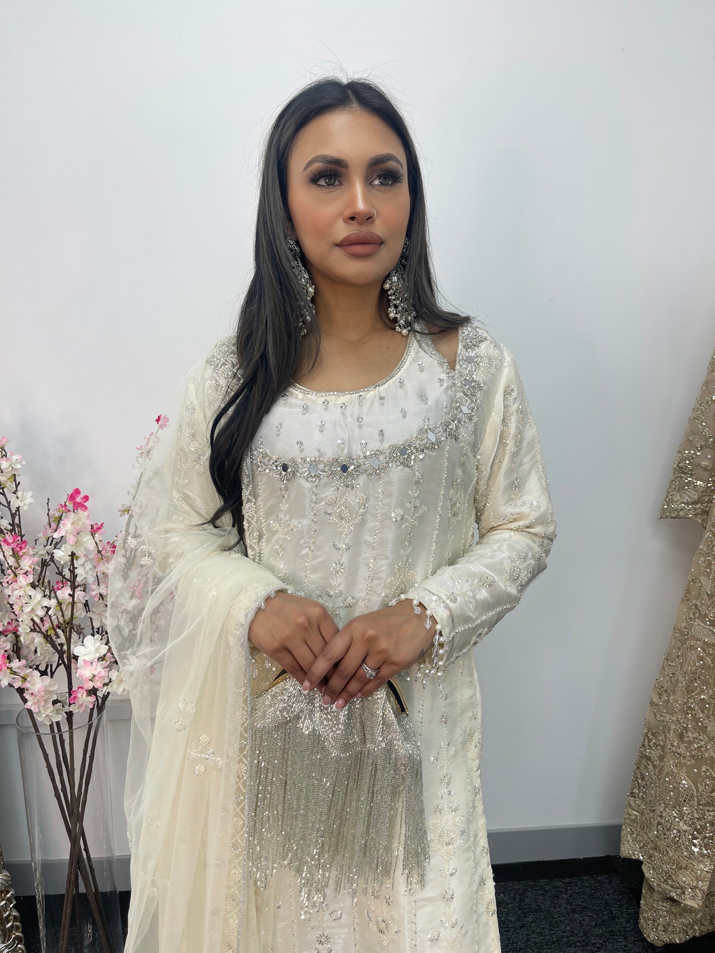 Ronaq- Korean Silk Cut Dana - Party Wear - White - Ivory -