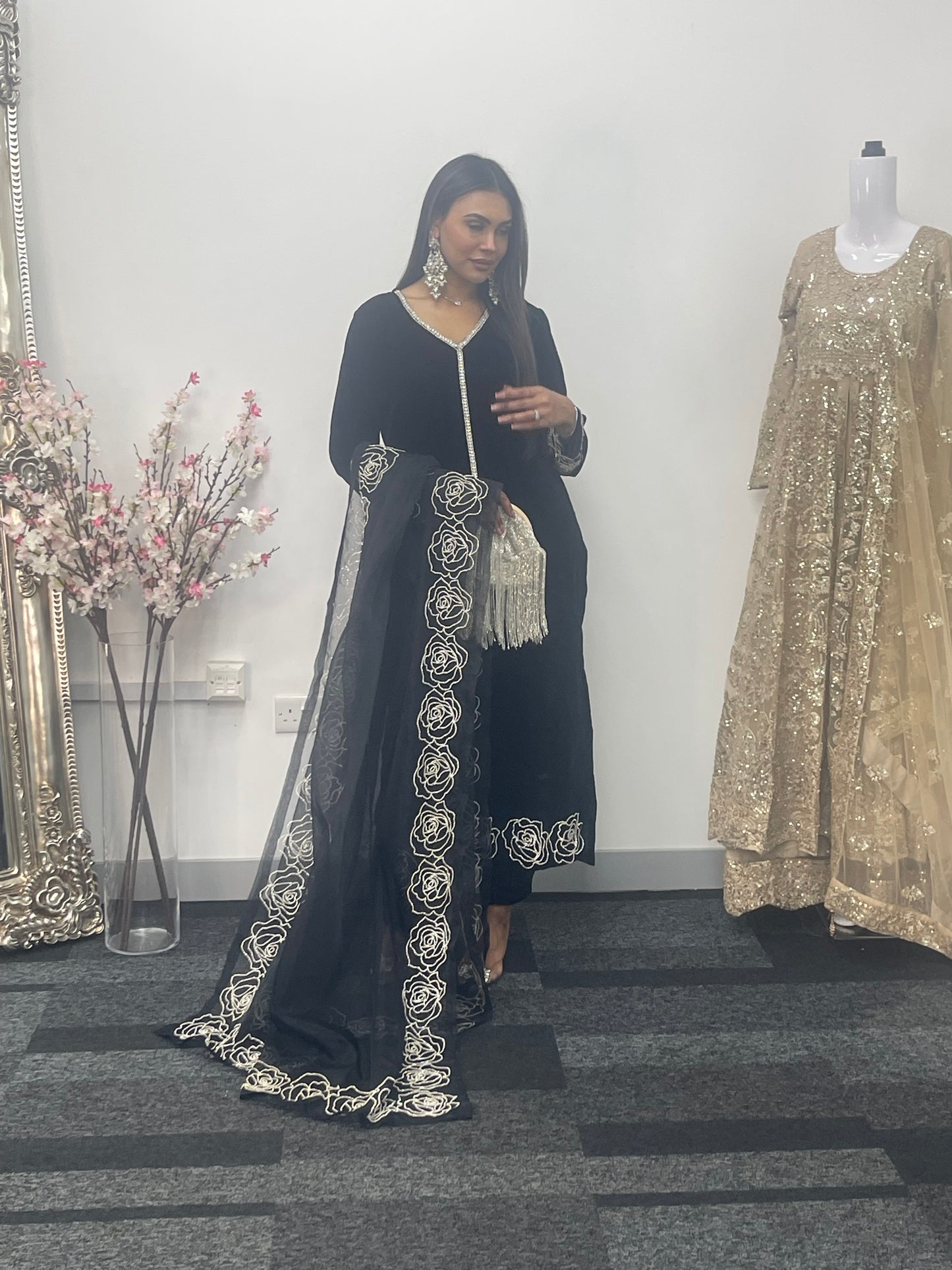 Chand Tara - Black Velvet with Organza dupatta