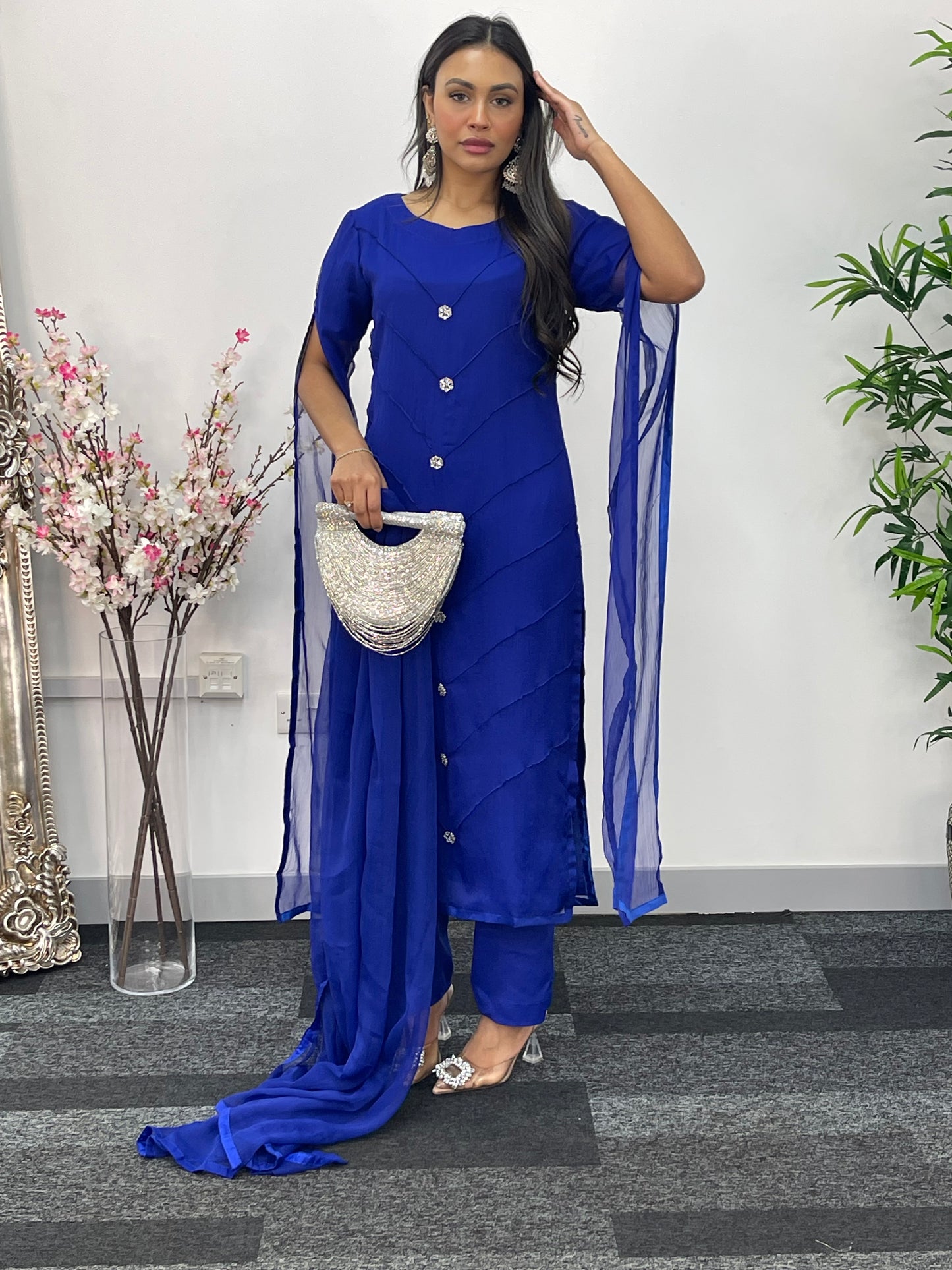 Blue - Floor Length Sleeves - Chiffon Outfit - T