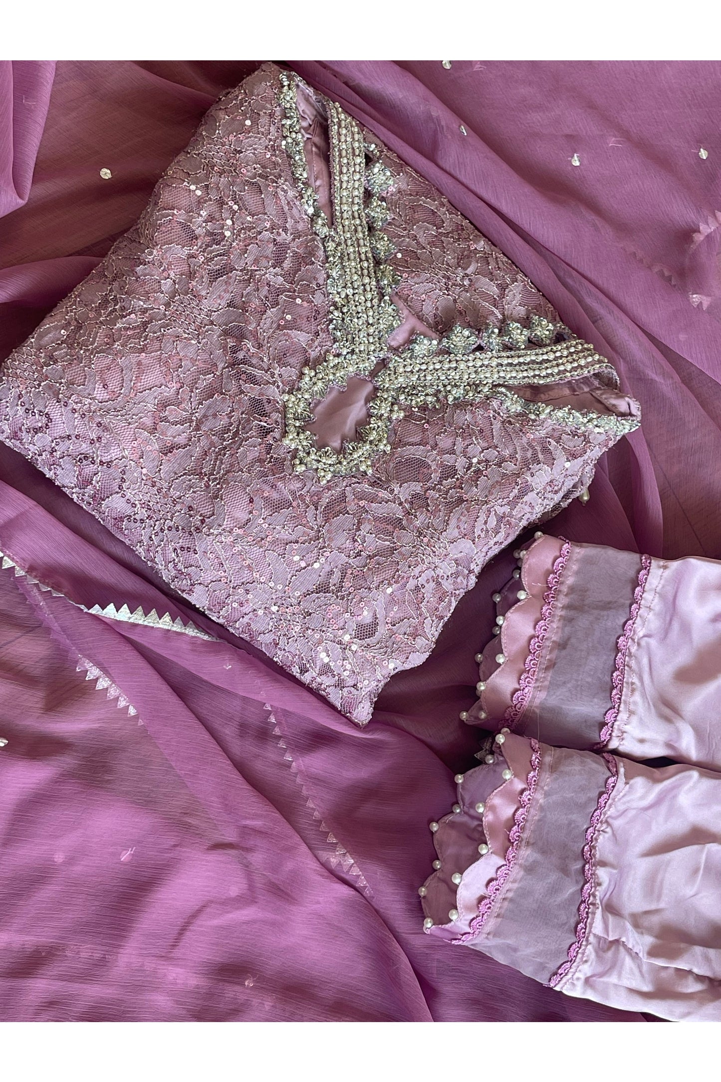 Chantilly Pink - Silver Party Wear - Sequined Net - V