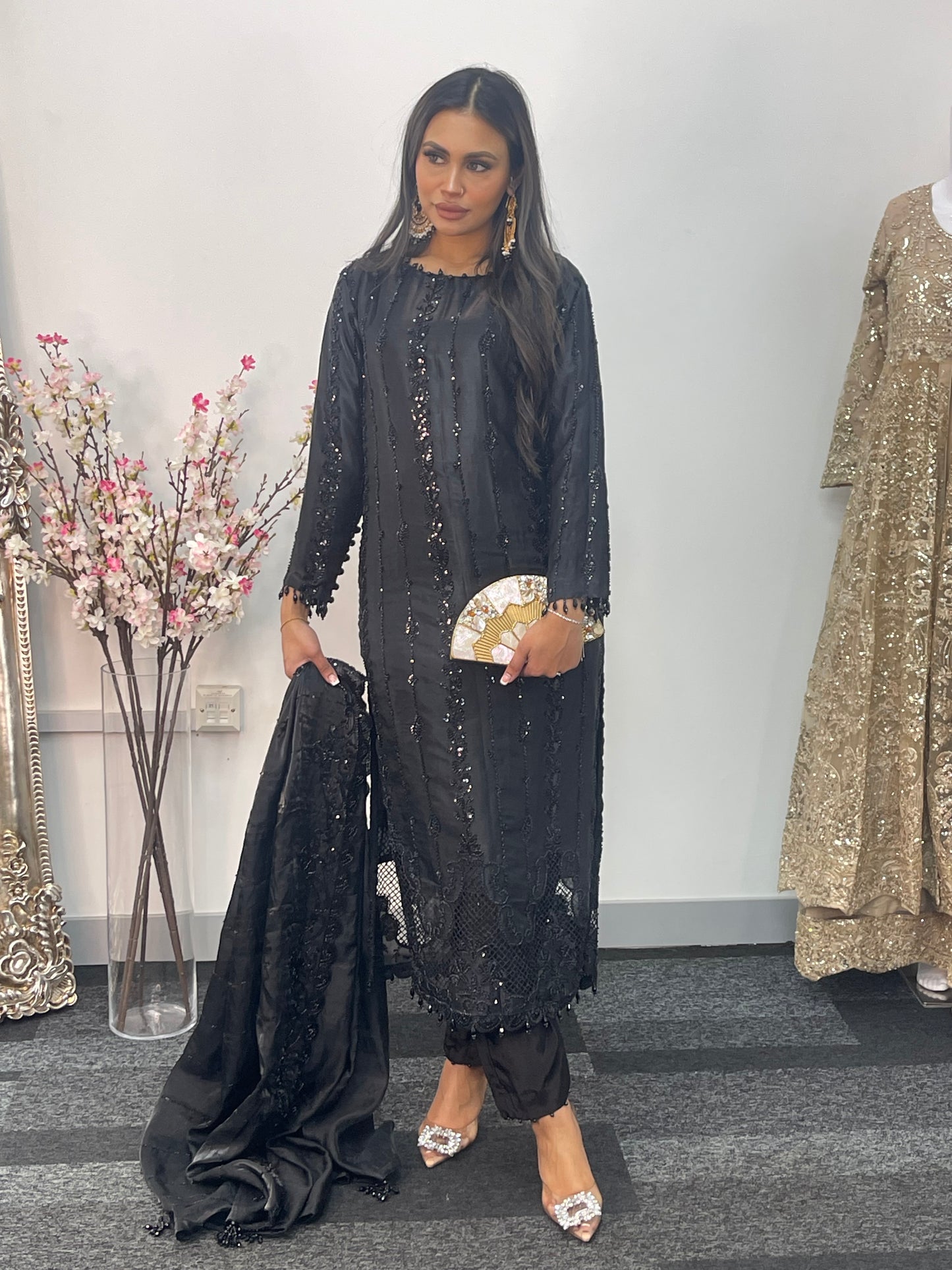 Tara - Korean Silk Cut Dana - Party Wear - CutWork - Black - taara