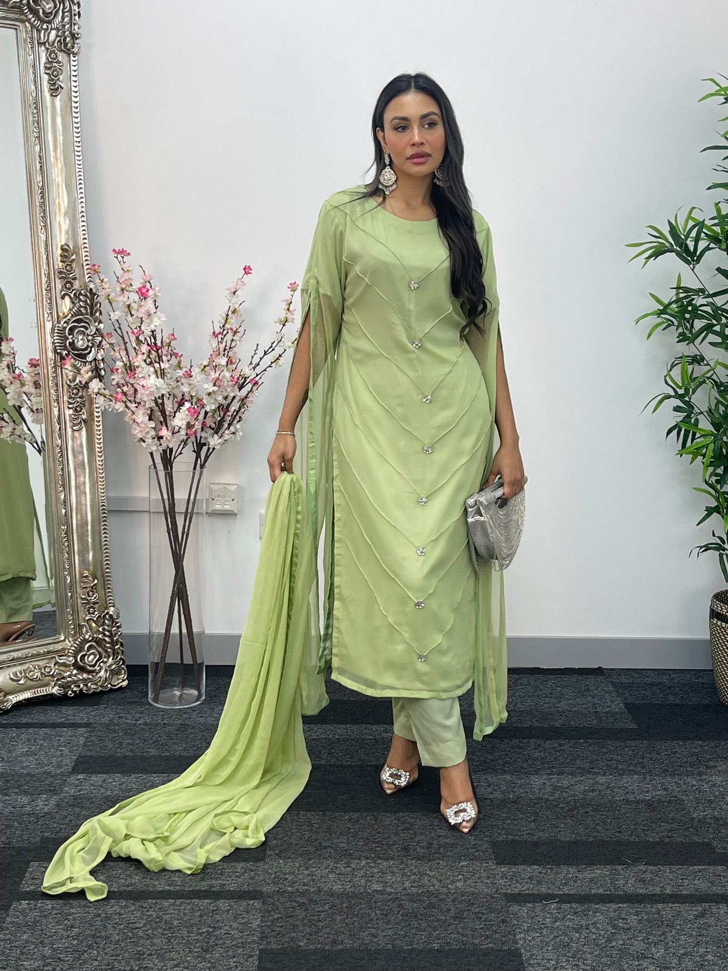 Green - Floor Length Sleeves - Chiffon Outfit - T