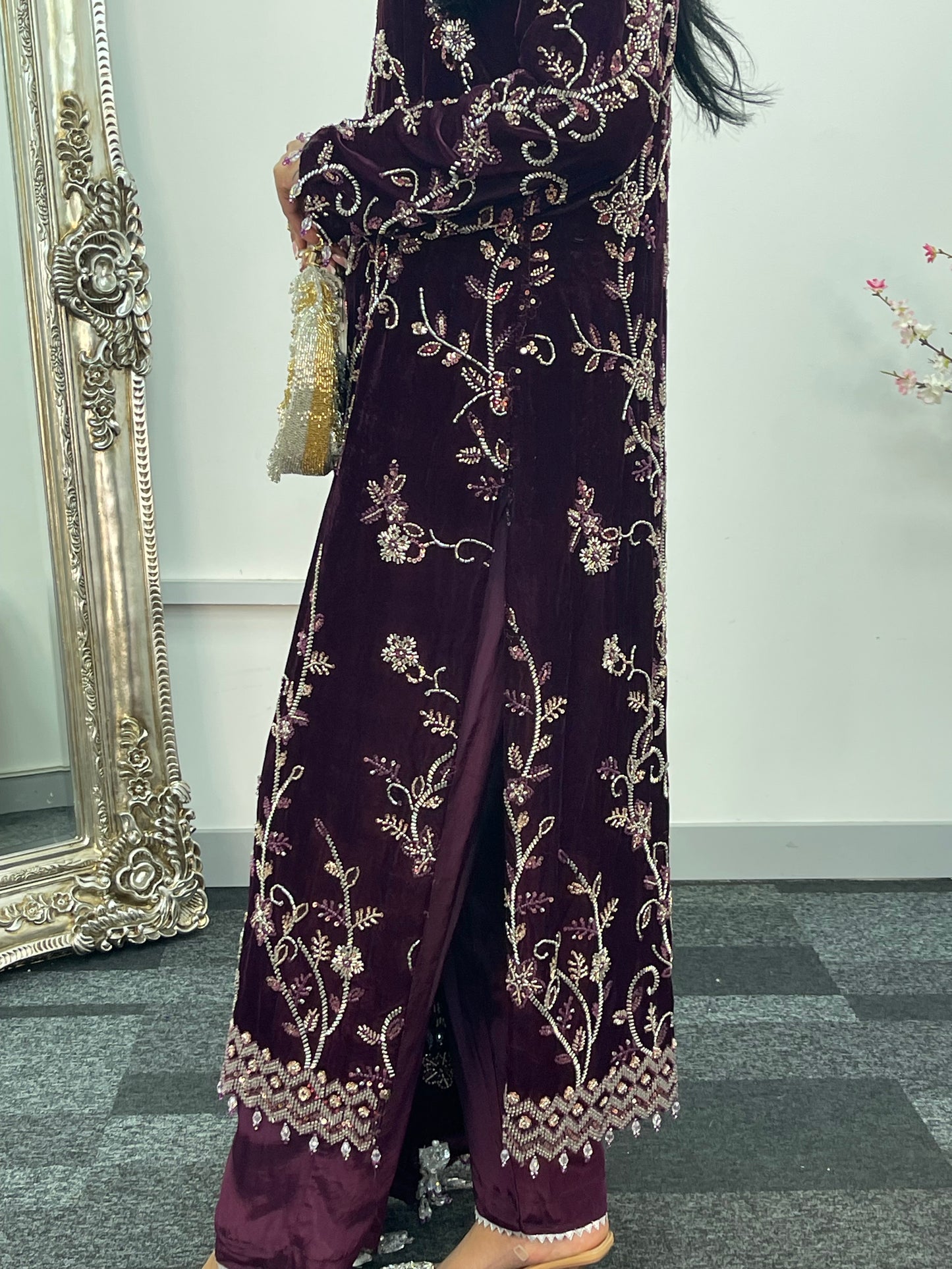“Makhmal” Plum Velvet Cutdana - Party Wedding Outfit - AA