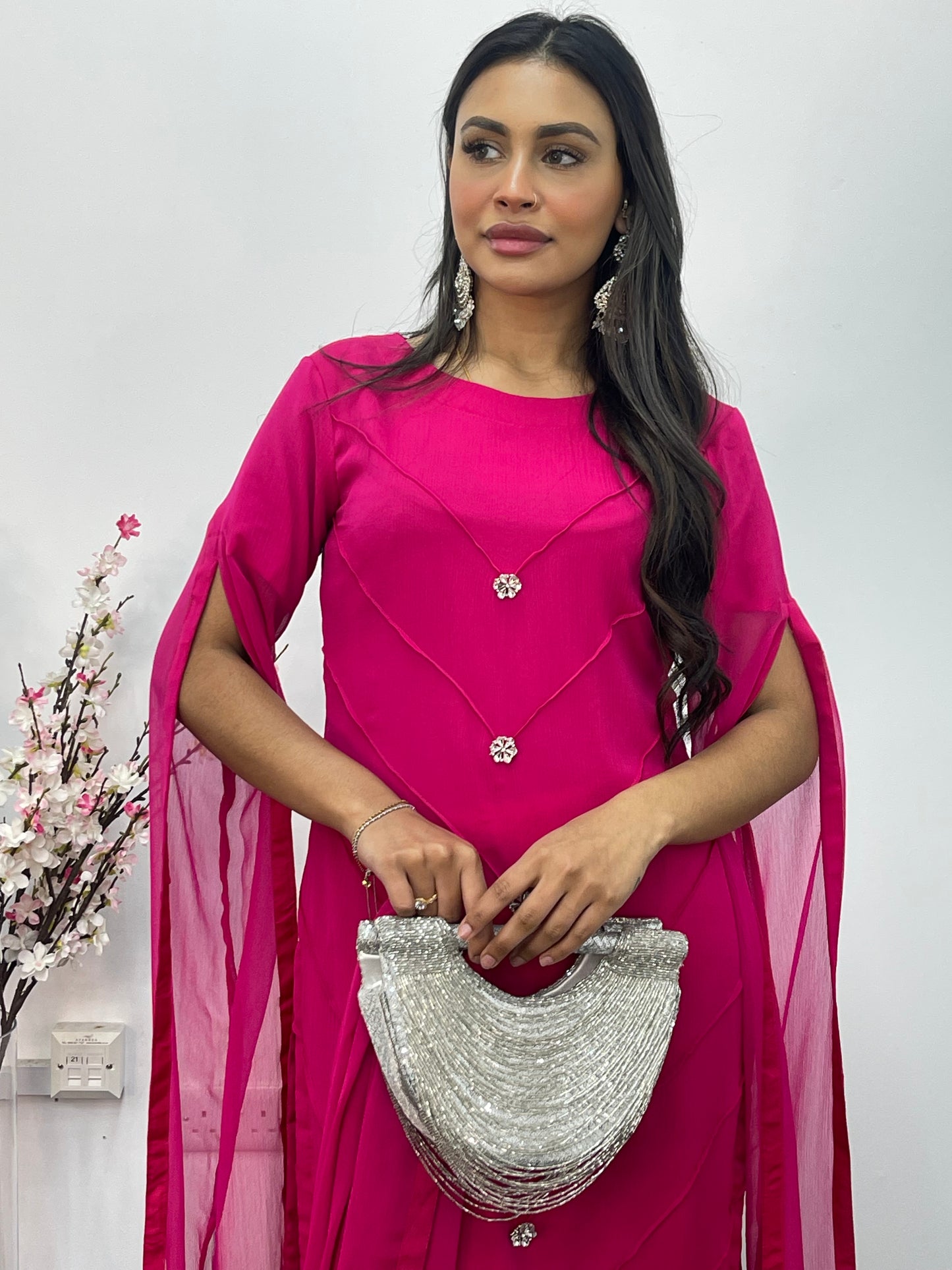 Hot Pink - Floor Length Sleeves - Chiffon Outfit - T