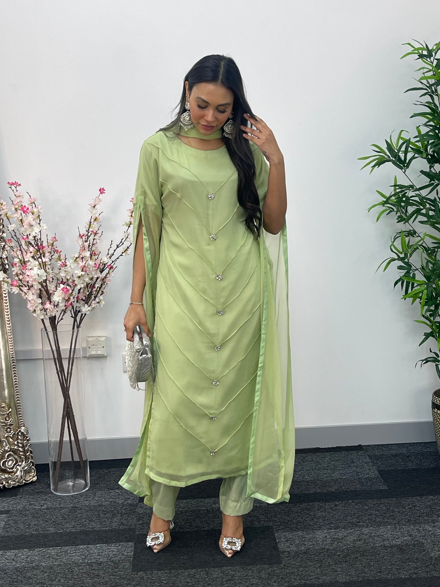 Green - Floor Length Sleeves - Chiffon Outfit - T