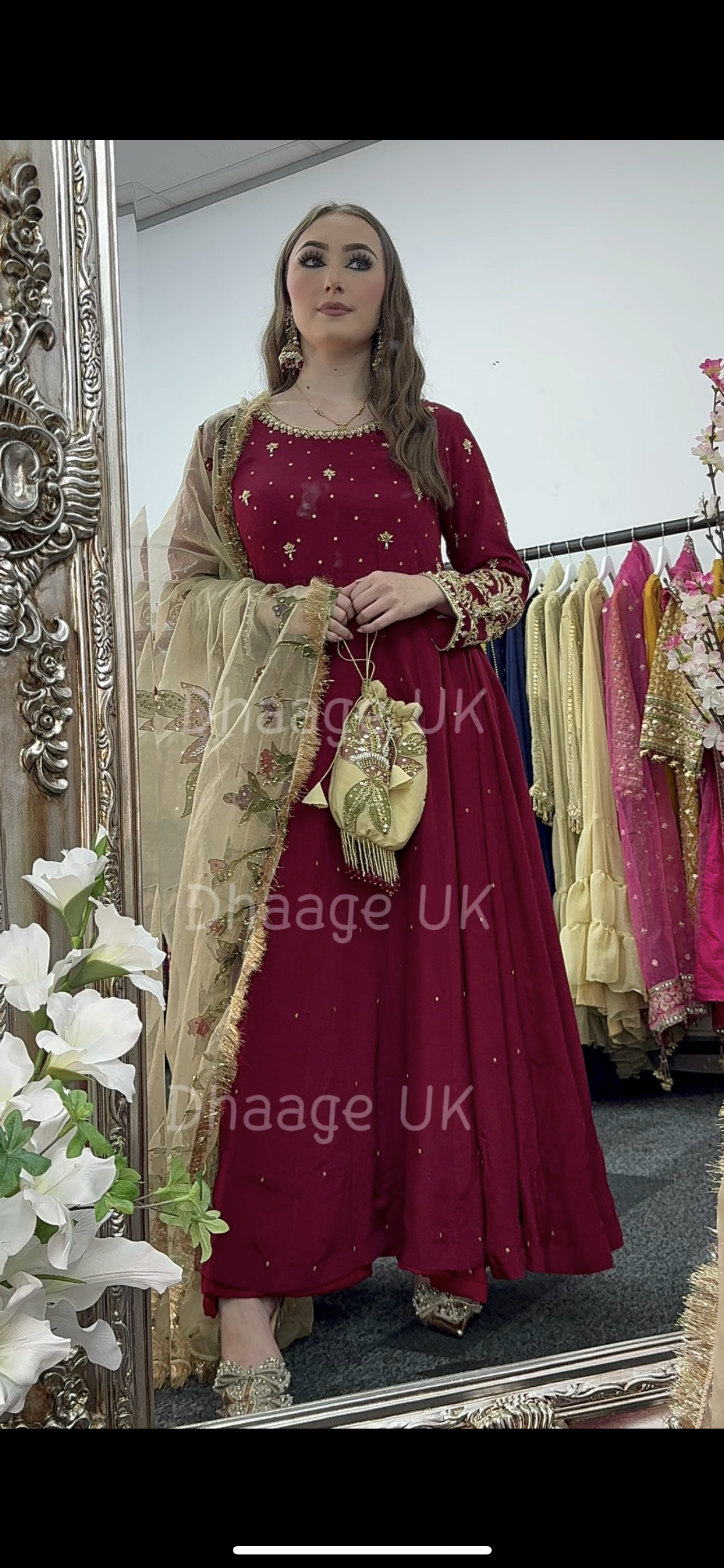 (Pre Order 3/4 Weeks) “GUL BANO” - Hand Painted Dupatta with Hand Work -Anarkali - Maroon Gold - Noor