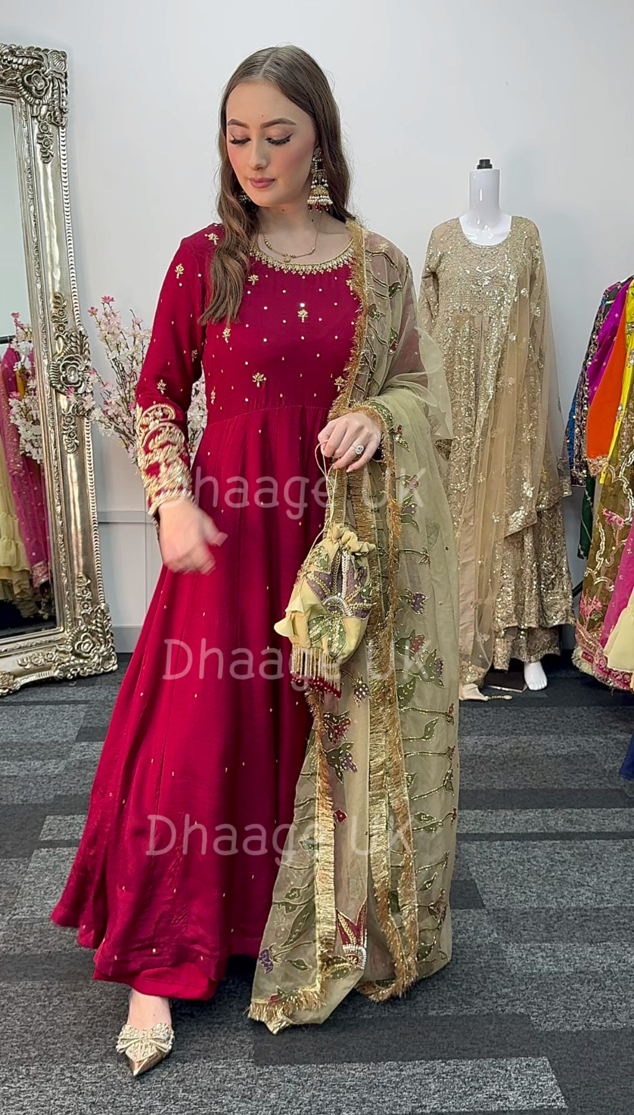 (Pre Order 3/4 Weeks) “GUL BANO” - Hand Painted Dupatta with Hand Work -Anarkali - Maroon Gold - Noor