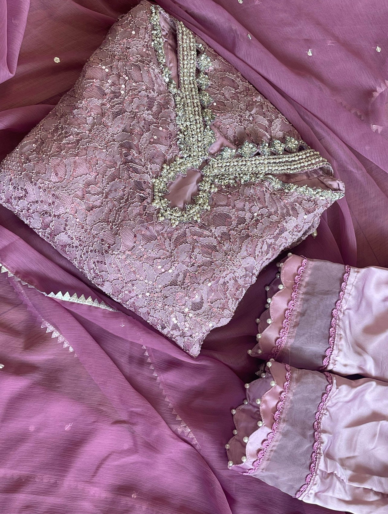 Chantilly Pink - Silver Party Wear - Sequined Net - V