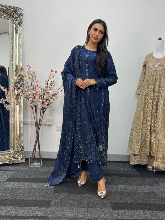 Tara - Korean Silk Cut Dana - Party Wear - CutWork - Navy Blue - taara