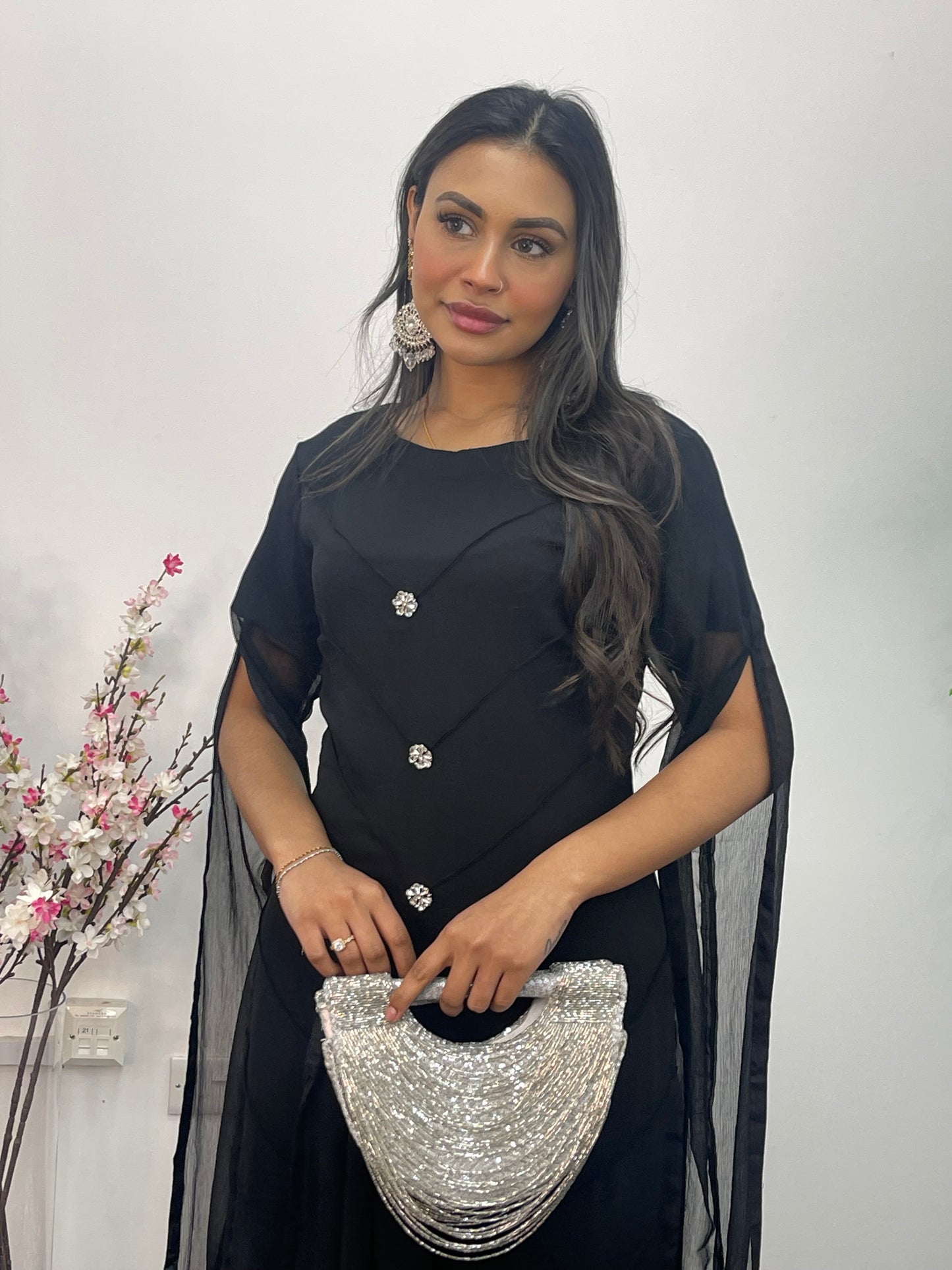 Black - Floor Length Sleeves - Chiffon Outfit - T