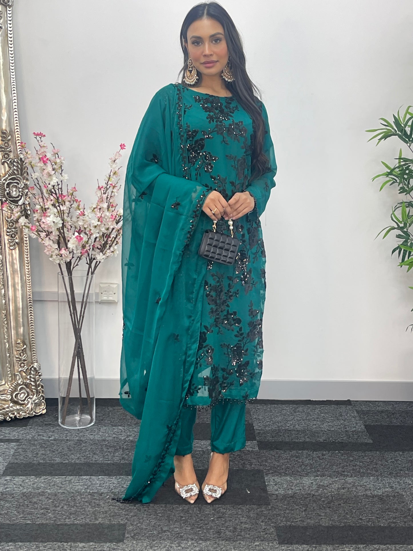 “Tooba” Green Chiffon Sitari - W